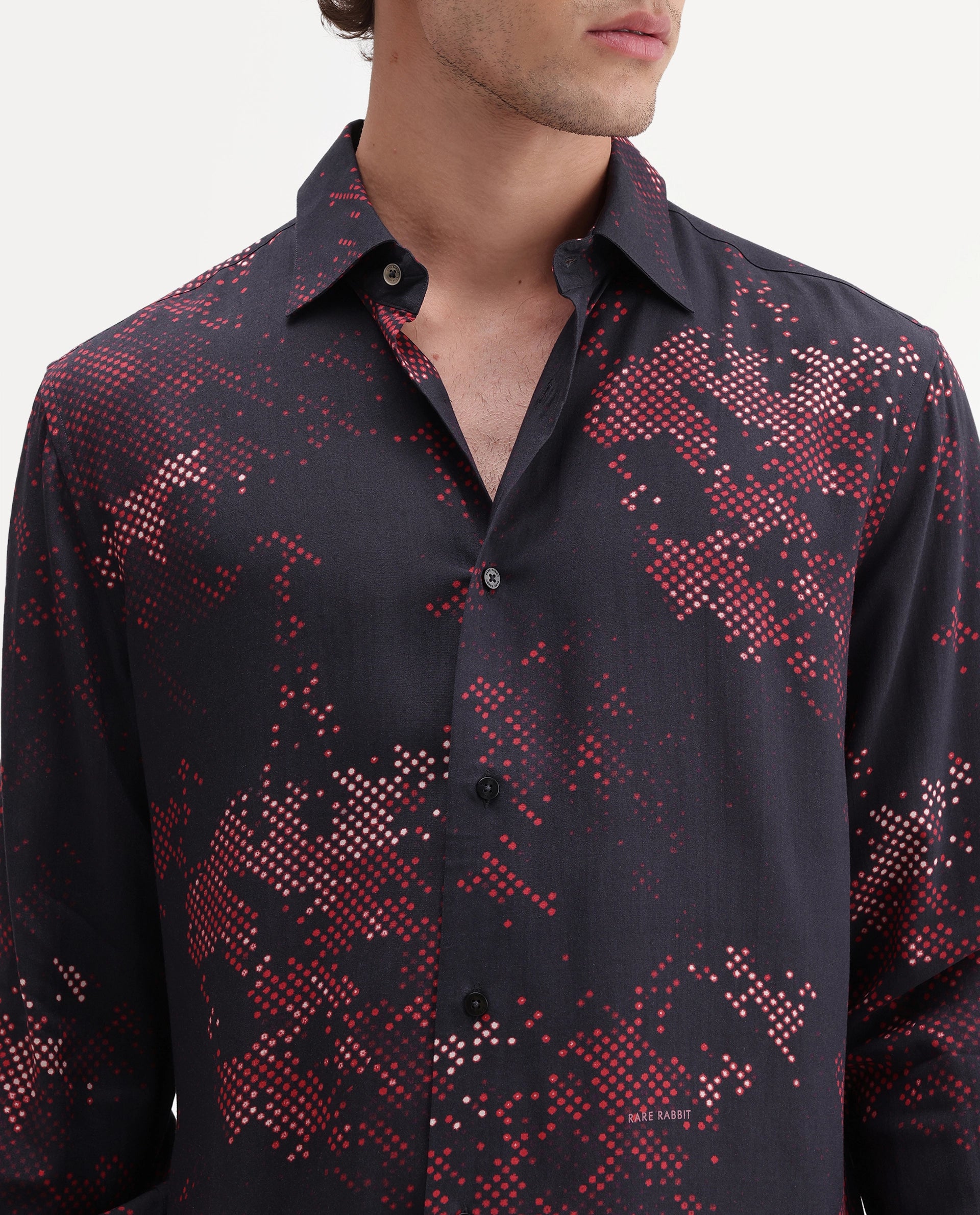 Rare Rabbit Men's Giru Primary Navy Viscose Spread Collar Button Regular Abstract Print Shirt