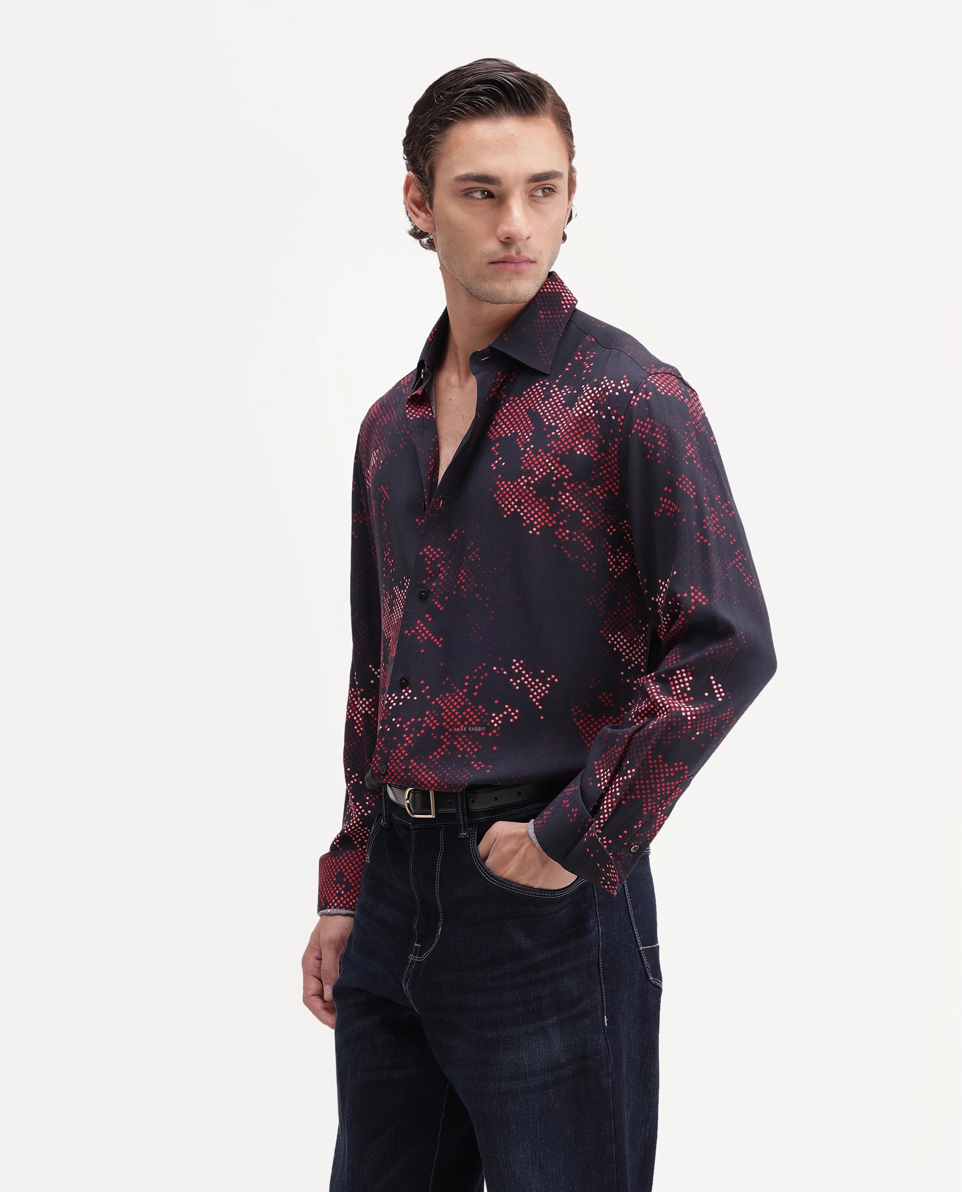 Rare Rabbit Men's Giru Primary Navy Viscose Spread Collar Button Regular Abstract Print Shirt