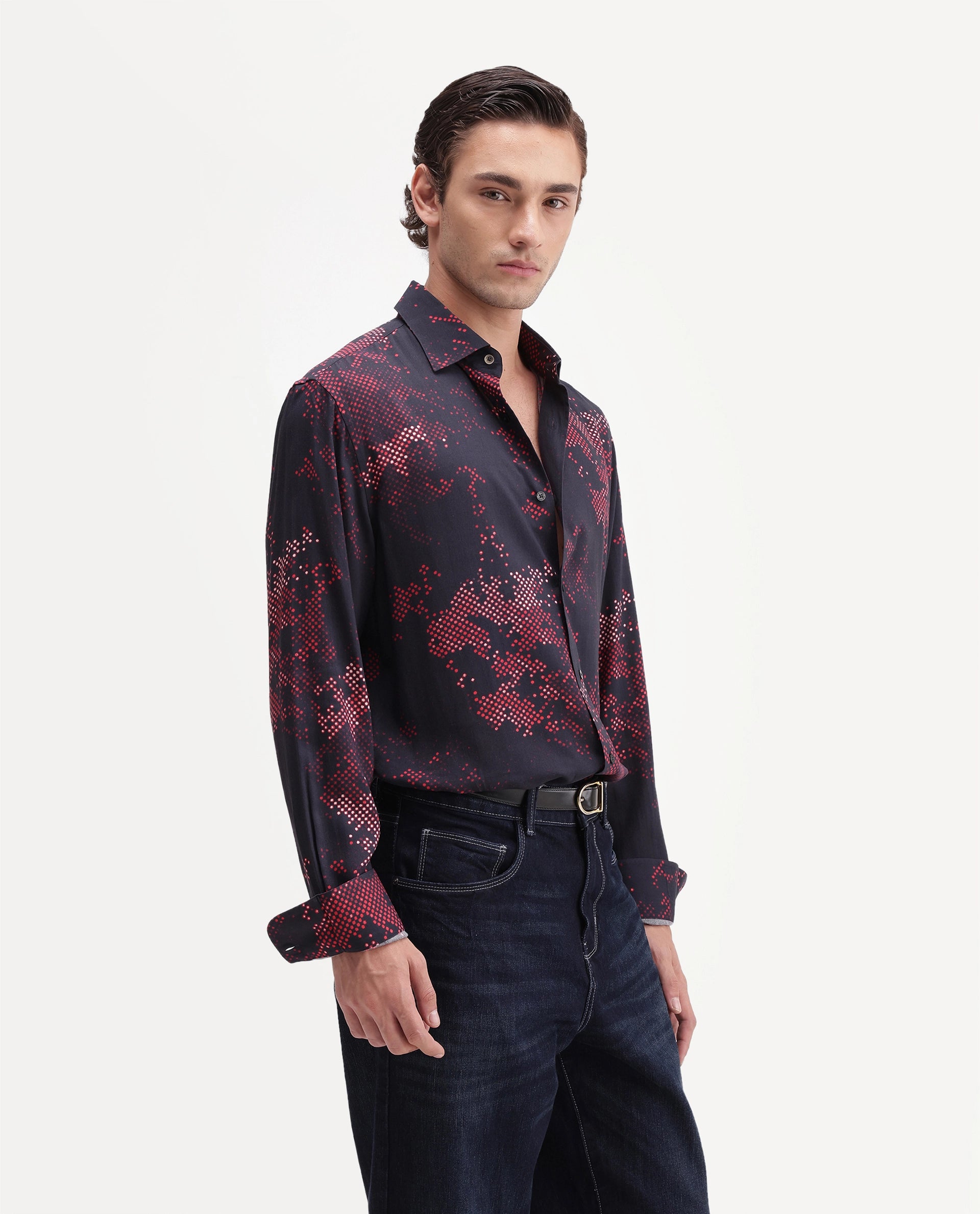 Rare Rabbit Men's Giru Primary Navy Viscose Spread Collar Button Regular Abstract Print Shirt