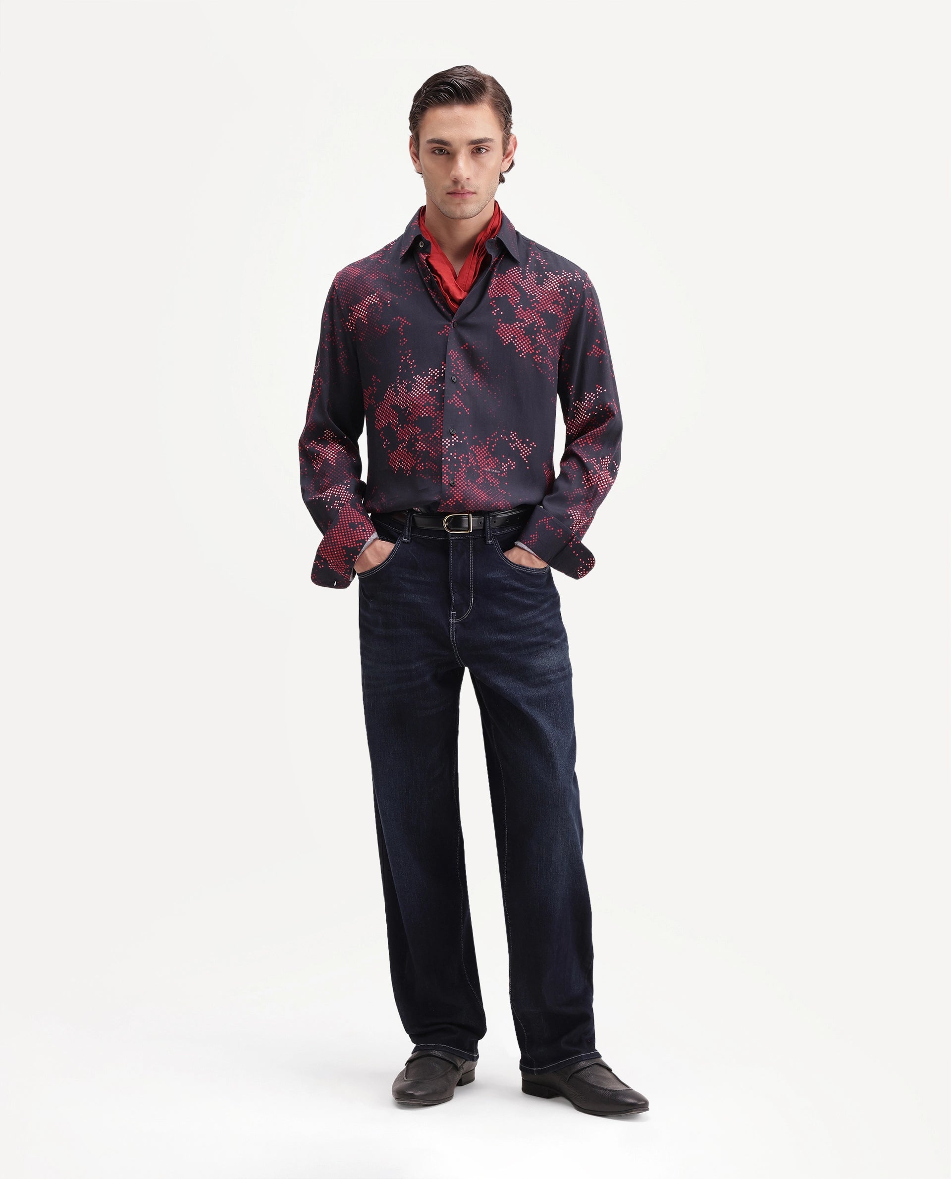 Rare Rabbit Men's Giru Primary Navy Viscose Spread Collar Button Regular Abstract Print Shirt