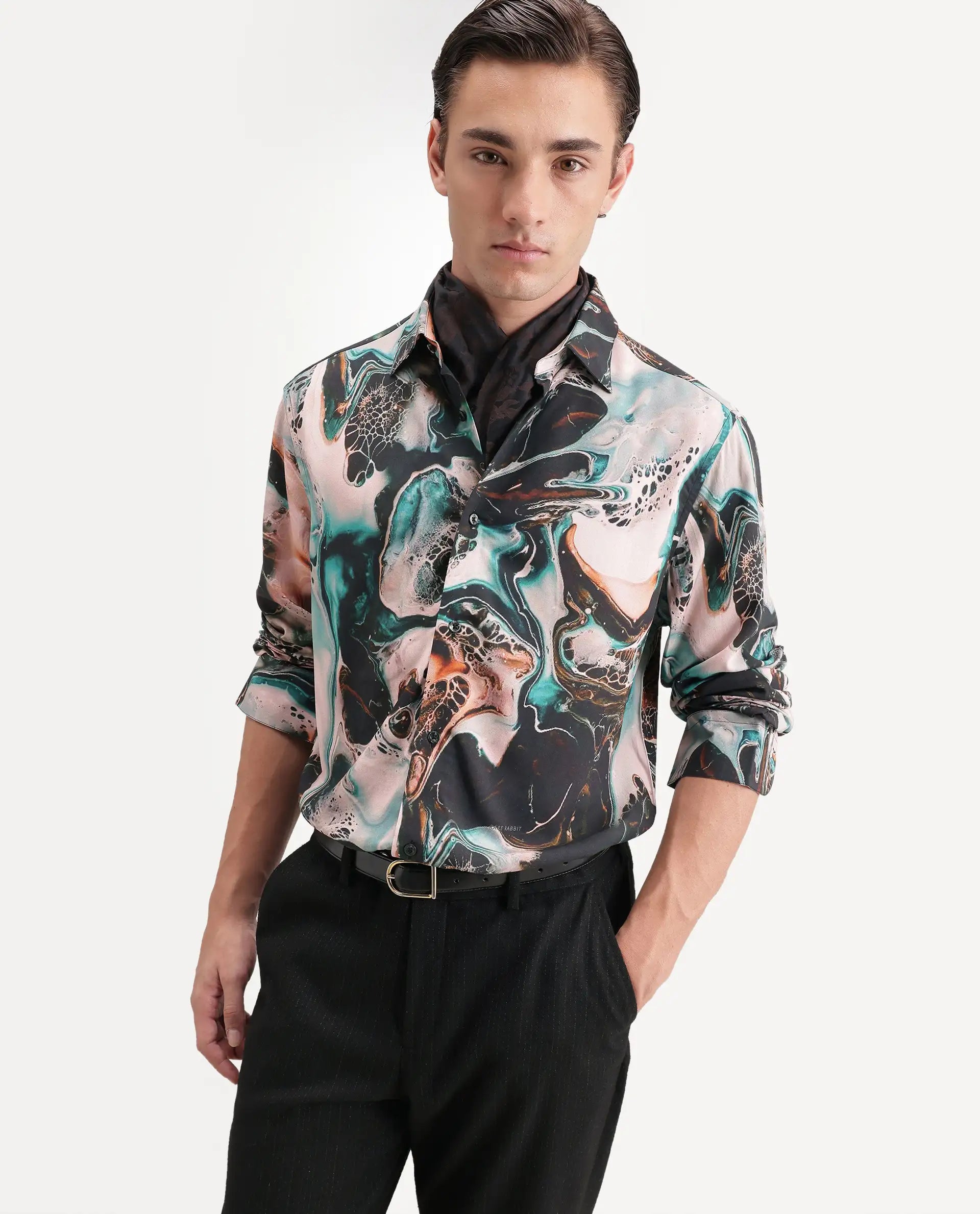 Rare Rabbit Men's Jeko Primary Multi Viscose Spread Collar Button Regular Abstract Print Shirt