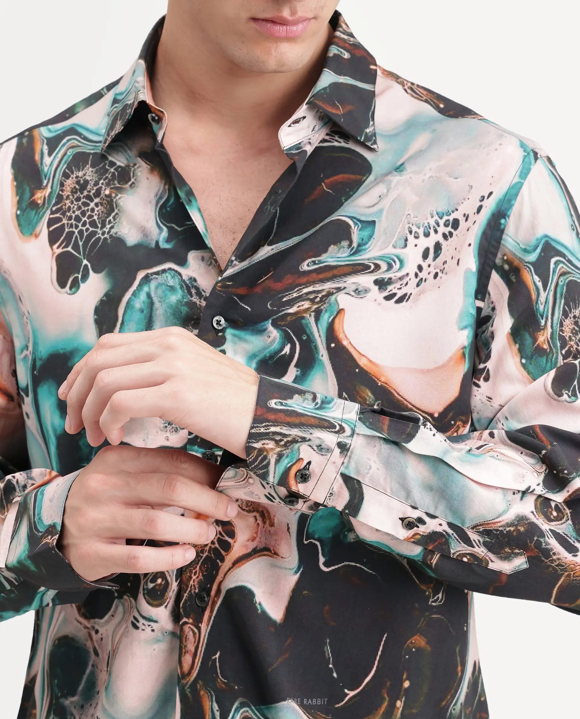 Rare Rabbit Men's Jeko Primary Multi Viscose Spread Collar Button Regular Abstract Print Shirt