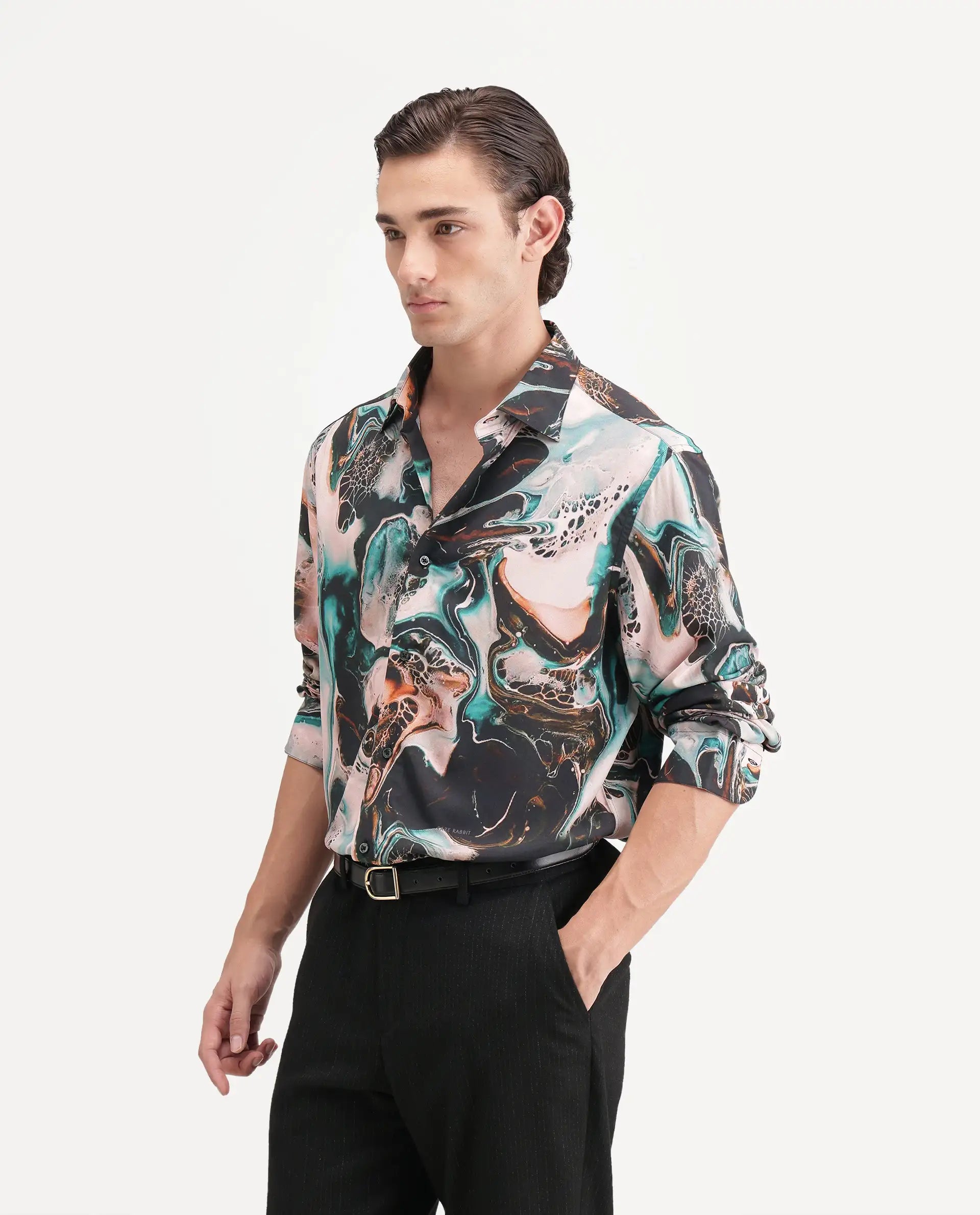 Rare Rabbit Men's Jeko Primary Multi Viscose Spread Collar Button Regular Abstract Print Shirt