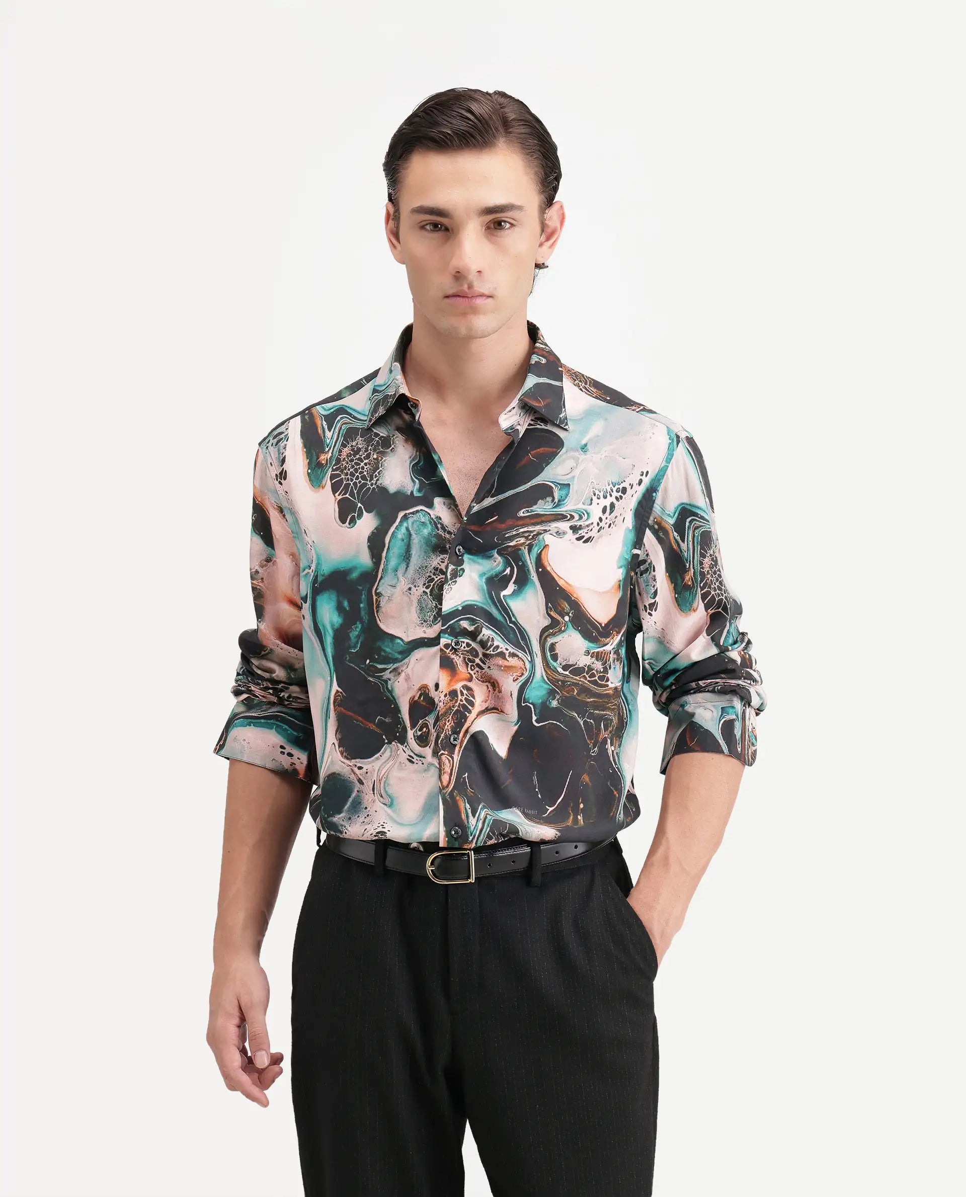Rare Rabbit Men's Jeko Primary Multi Viscose Spread Collar Button Regular Abstract Print Shirt