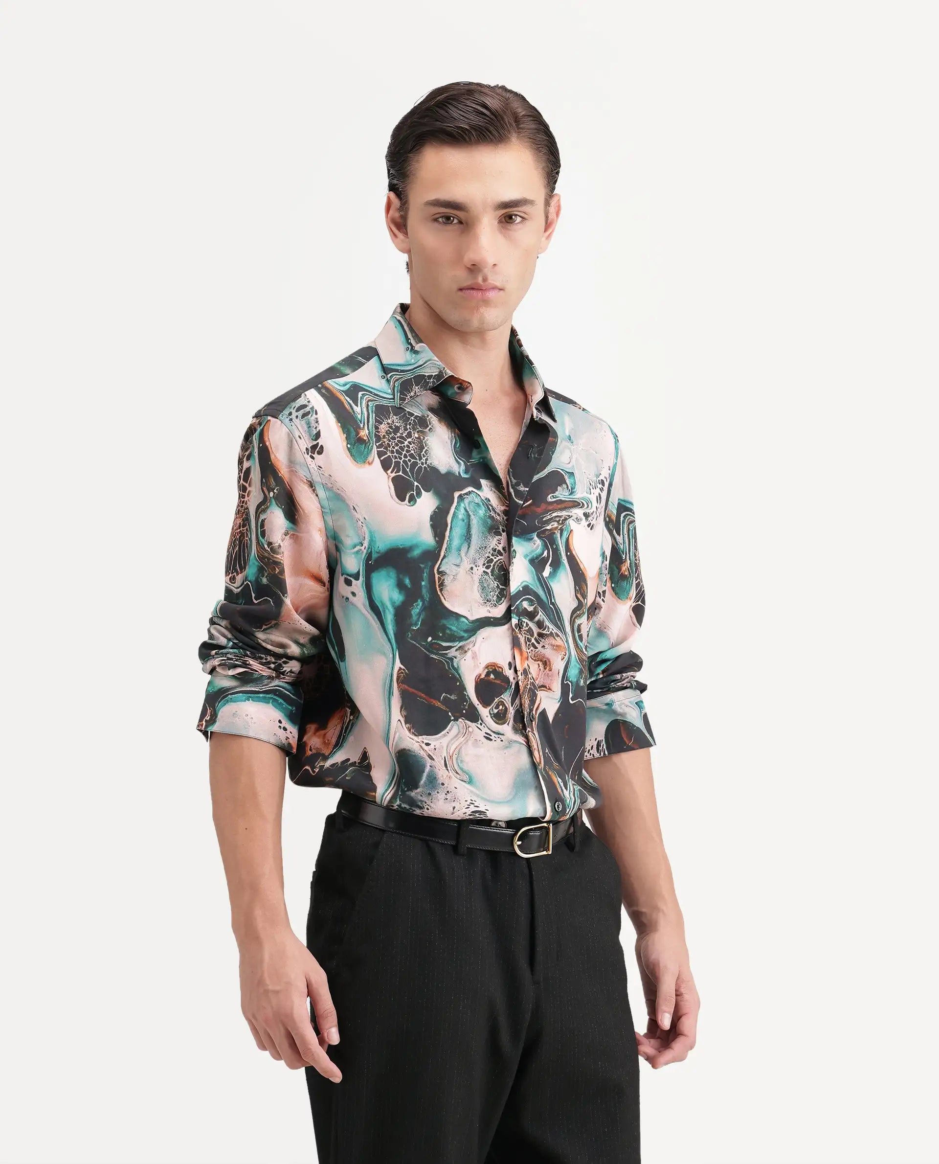Rare Rabbit Men's Jeko Primary Multi Viscose Spread Collar Button Regular Abstract Print Shirt