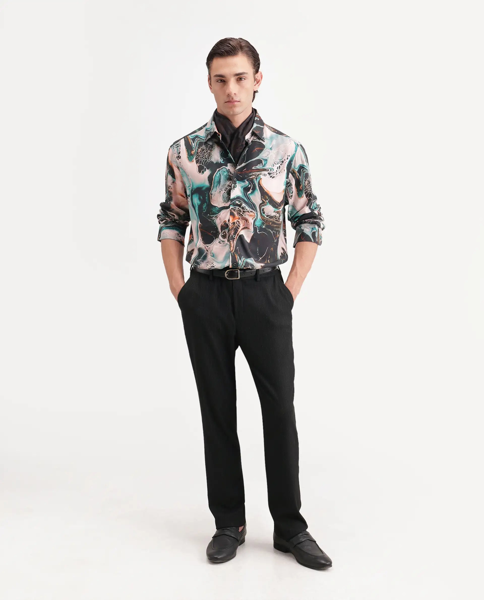 Rare Rabbit Men's Jeko Primary Multi Viscose Spread Collar Button Regular Abstract Print Shirt