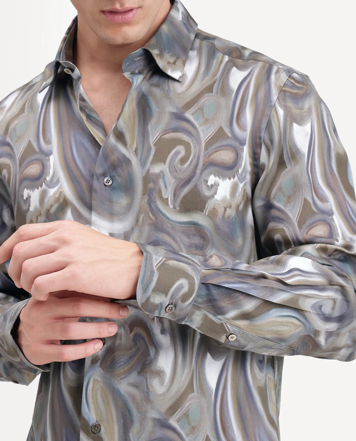 Rare Rabbit Men's Sway Dusky Green Cotton Blend Spread Collar Button Regular Paisley Print Shirt