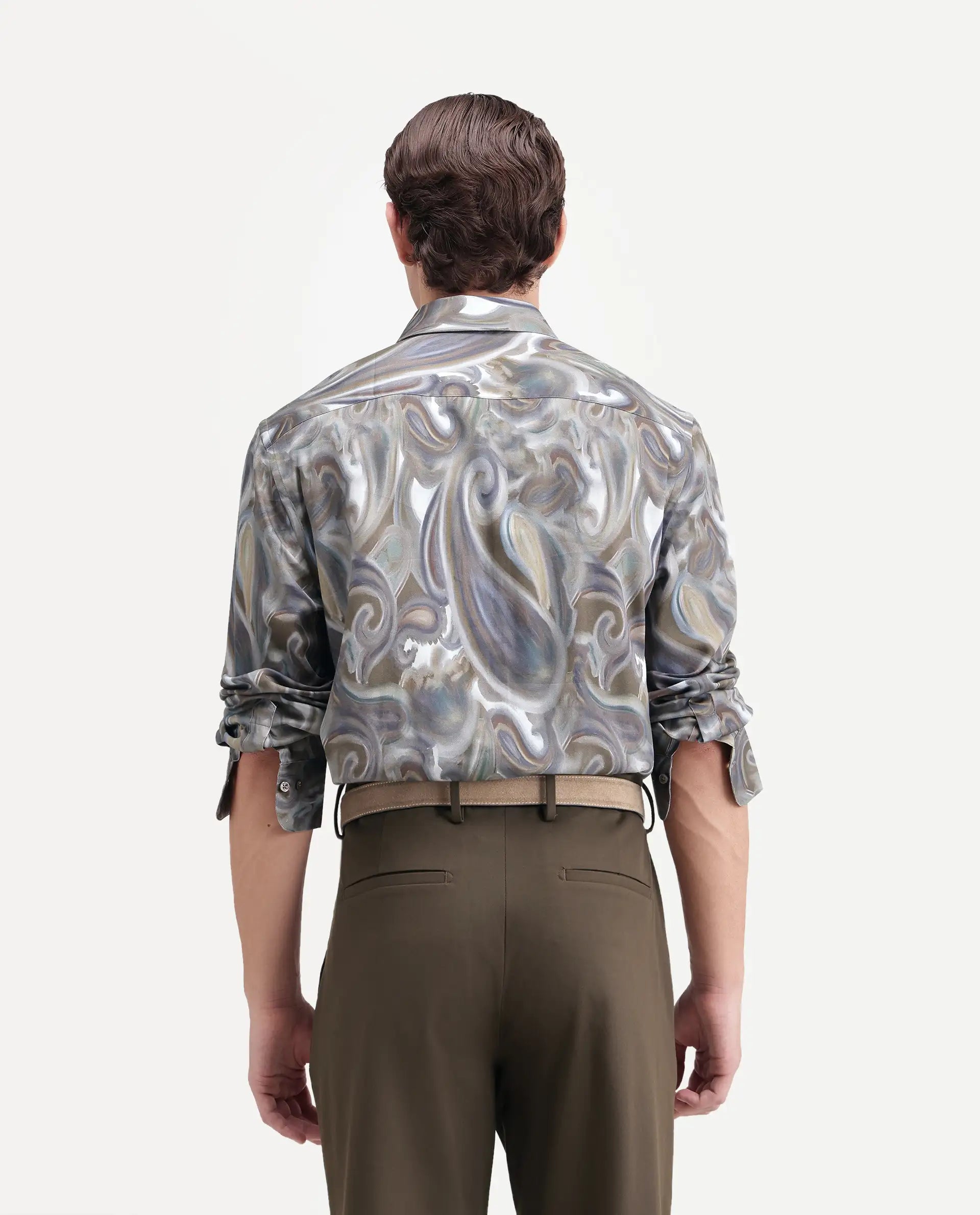 Rare Rabbit Men's Sway Dusky Green Cotton Blend Spread Collar Button Regular Paisley Print Shirt