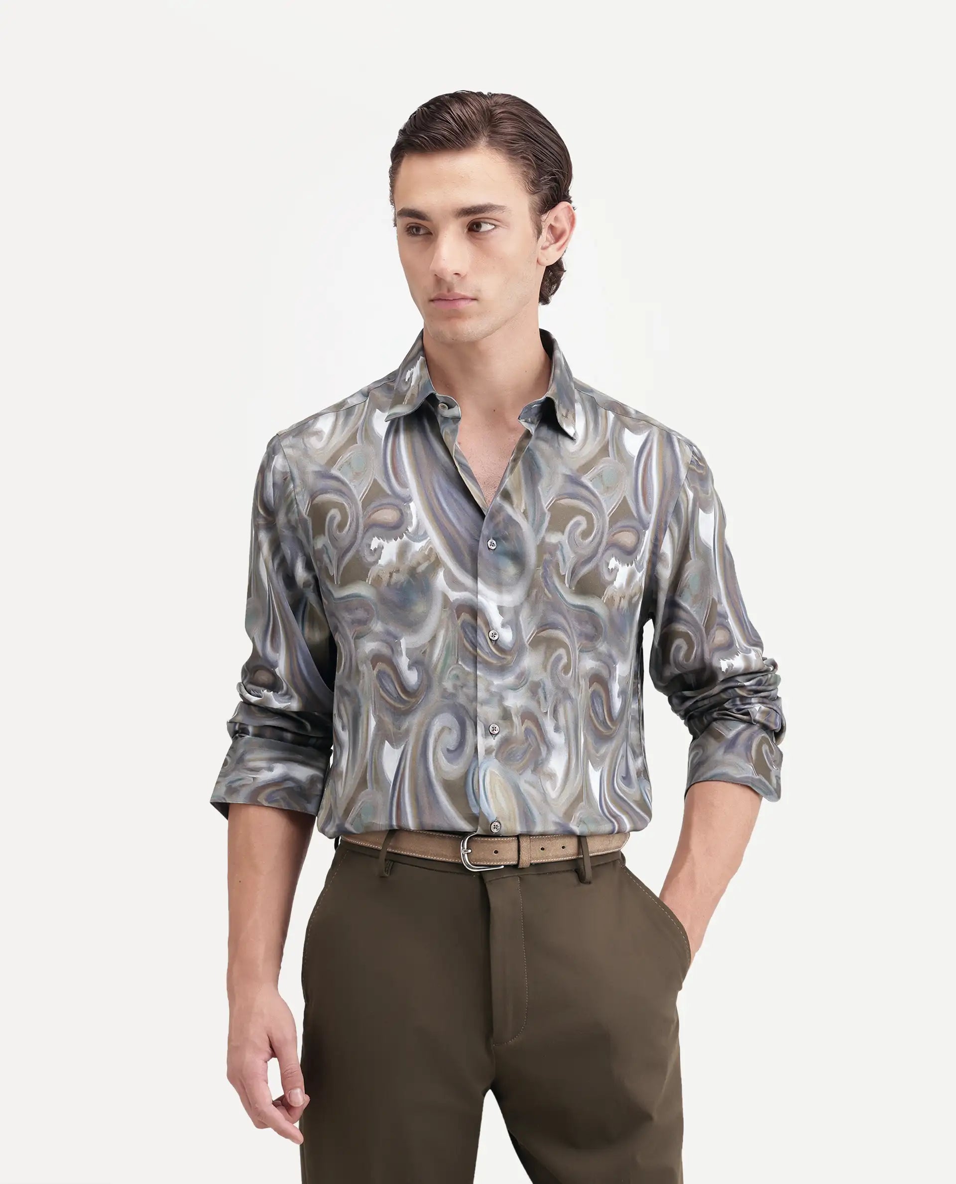 Rare Rabbit Men's Sway Dusky Green Cotton Blend Spread Collar Button Regular Paisley Print Shirt