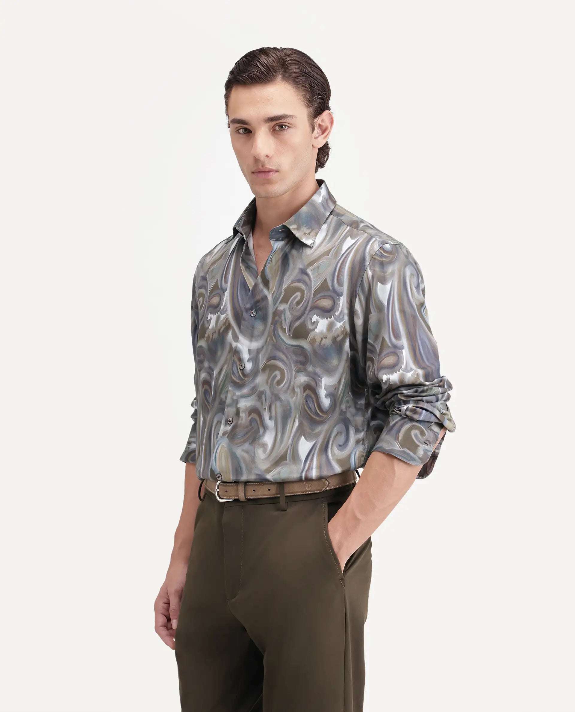 Rare Rabbit Men's Sway Dusky Green Cotton Blend Spread Collar Button Regular Paisley Print Shirt
