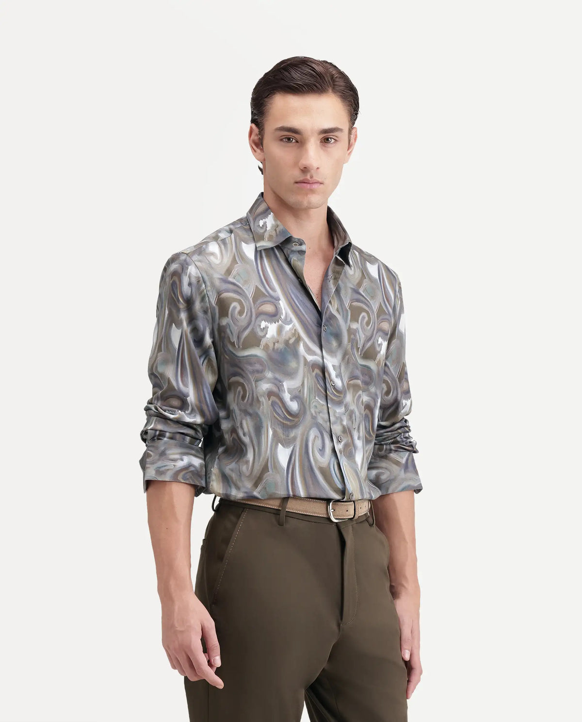 Rare Rabbit Men's Sway Dusky Green Cotton Blend Spread Collar Button Regular Paisley Print Shirt