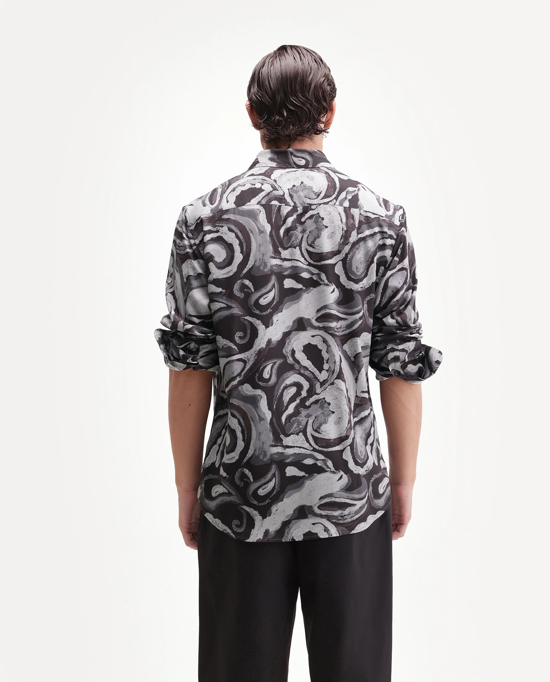 Rare Rabbit Men's Luth 26 Dark Grey Viscose Spread Collar Button Regular Paisley Print Shirt