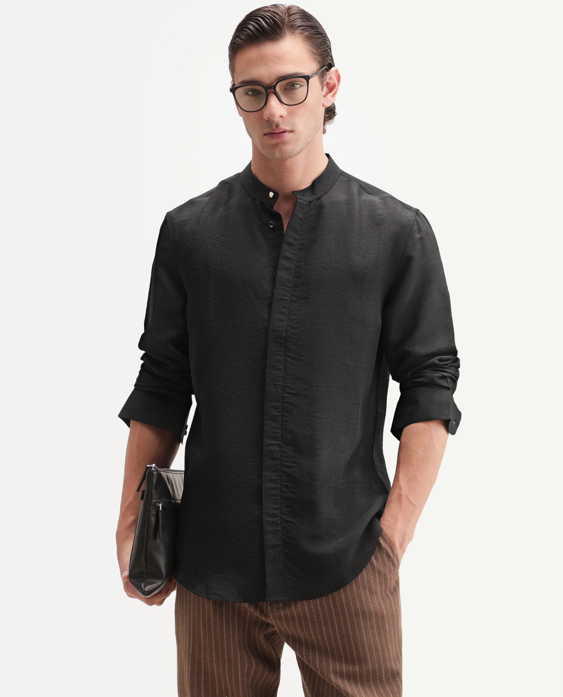 Rare Rabbit Men's Kent C Primary Black Viscose Blend Mandarin Collar Button Regular Plain Shirt