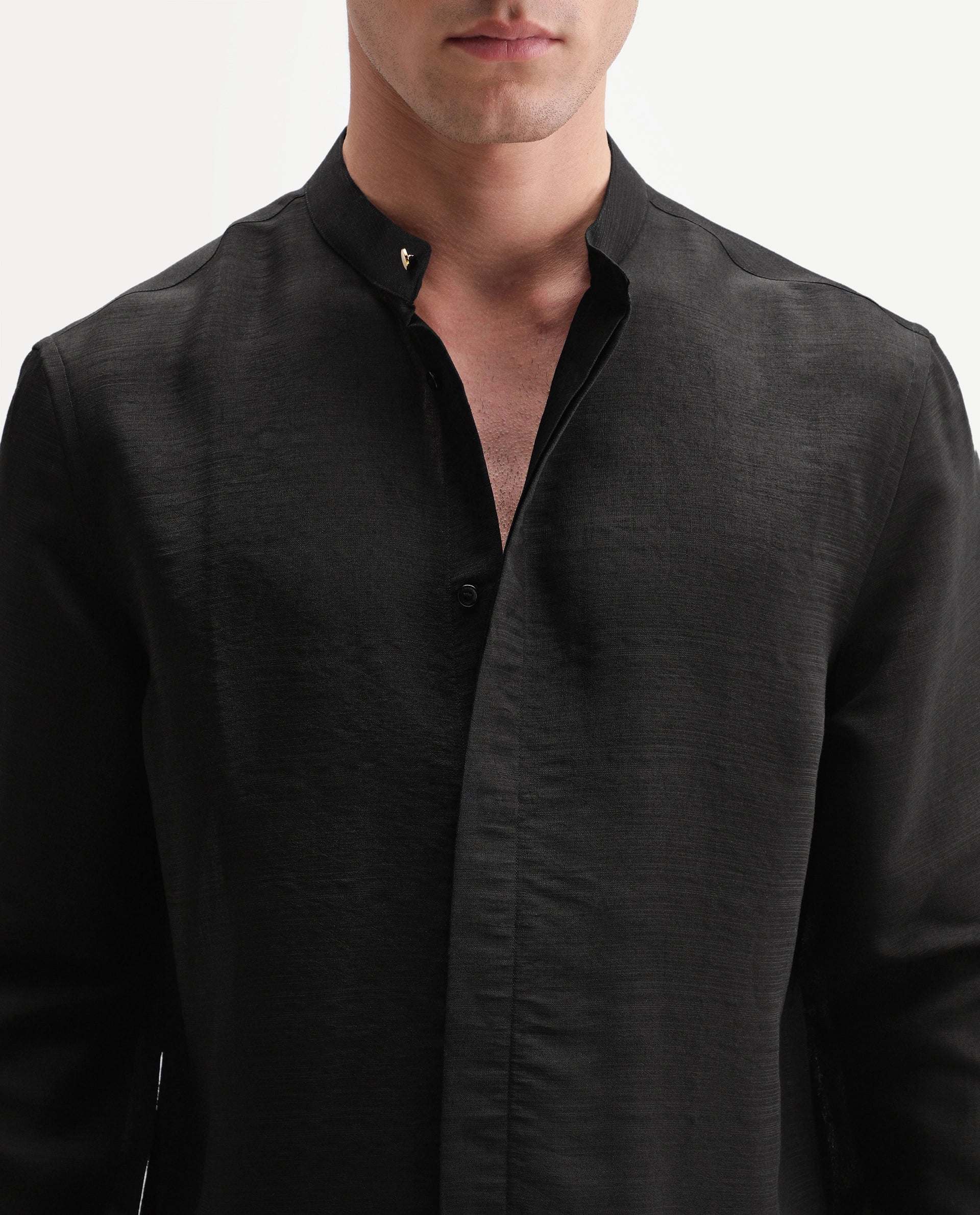 Rare Rabbit Men's Kent C Primary Black Viscose Blend Mandarin Collar Button Regular Plain Shirt