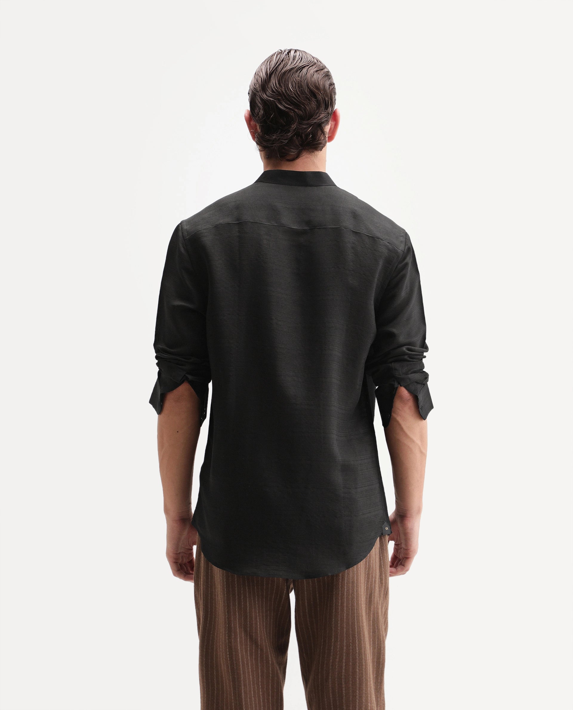 Rare Rabbit Men's Kent C Primary Black Viscose Blend Mandarin Collar Button Regular Plain Shirt