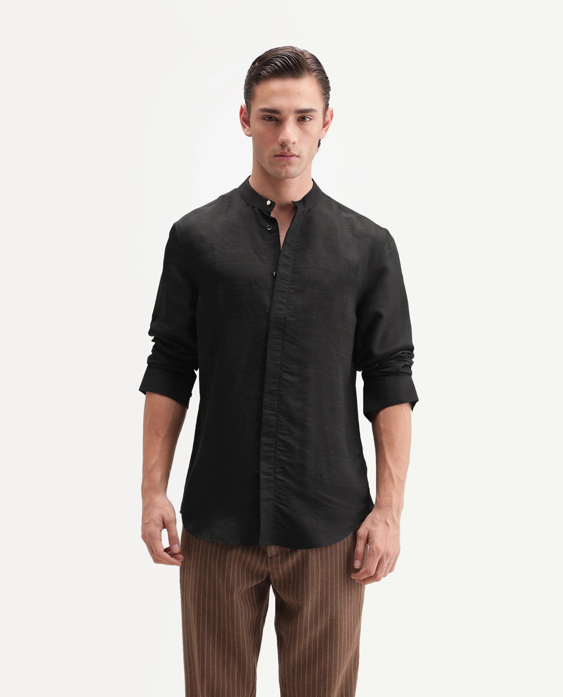 Rare Rabbit Men's Kent C Primary Black Viscose Blend Mandarin Collar Button Regular Plain Shirt
