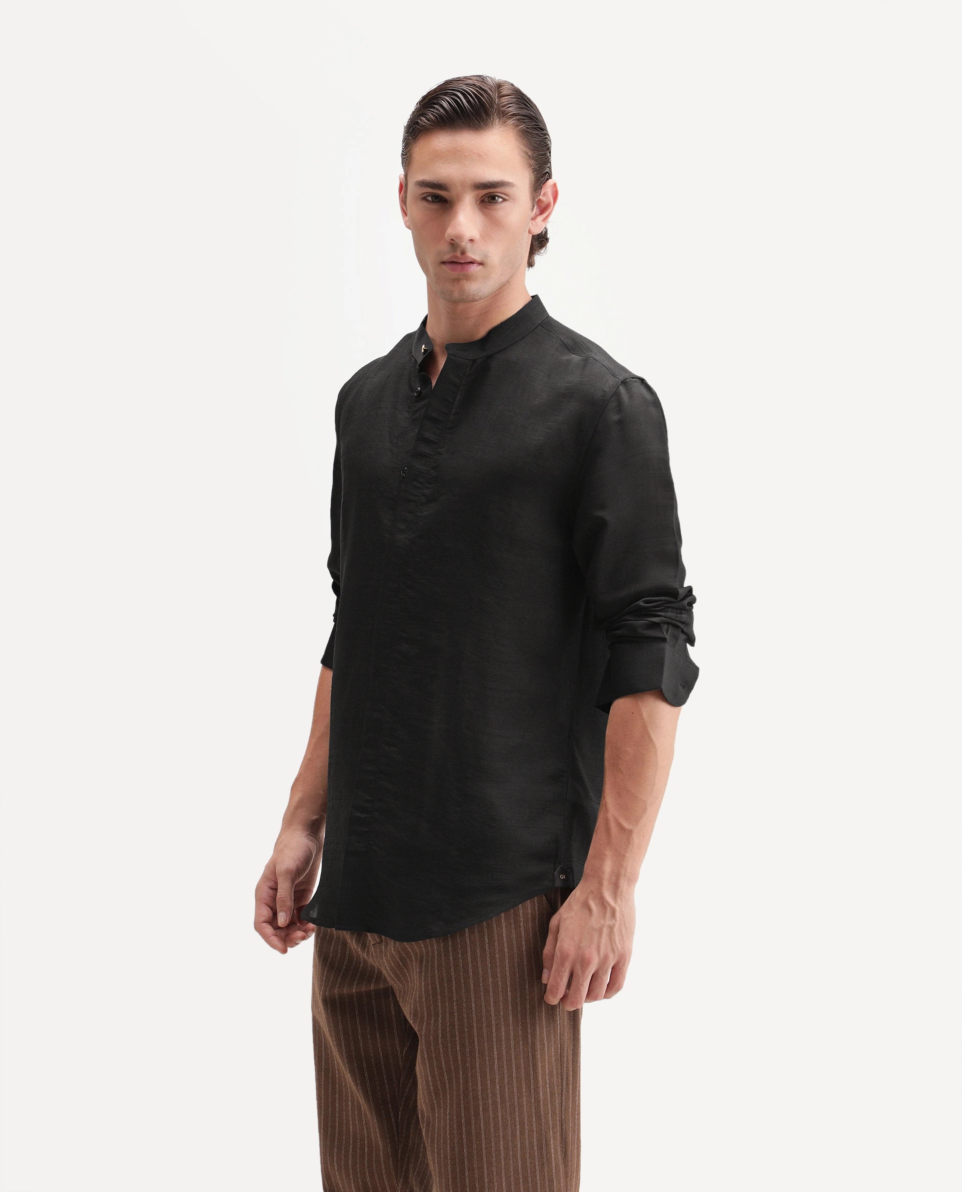 Rare Rabbit Men's Kent C Primary Black Viscose Blend Mandarin Collar Button Regular Plain Shirt
