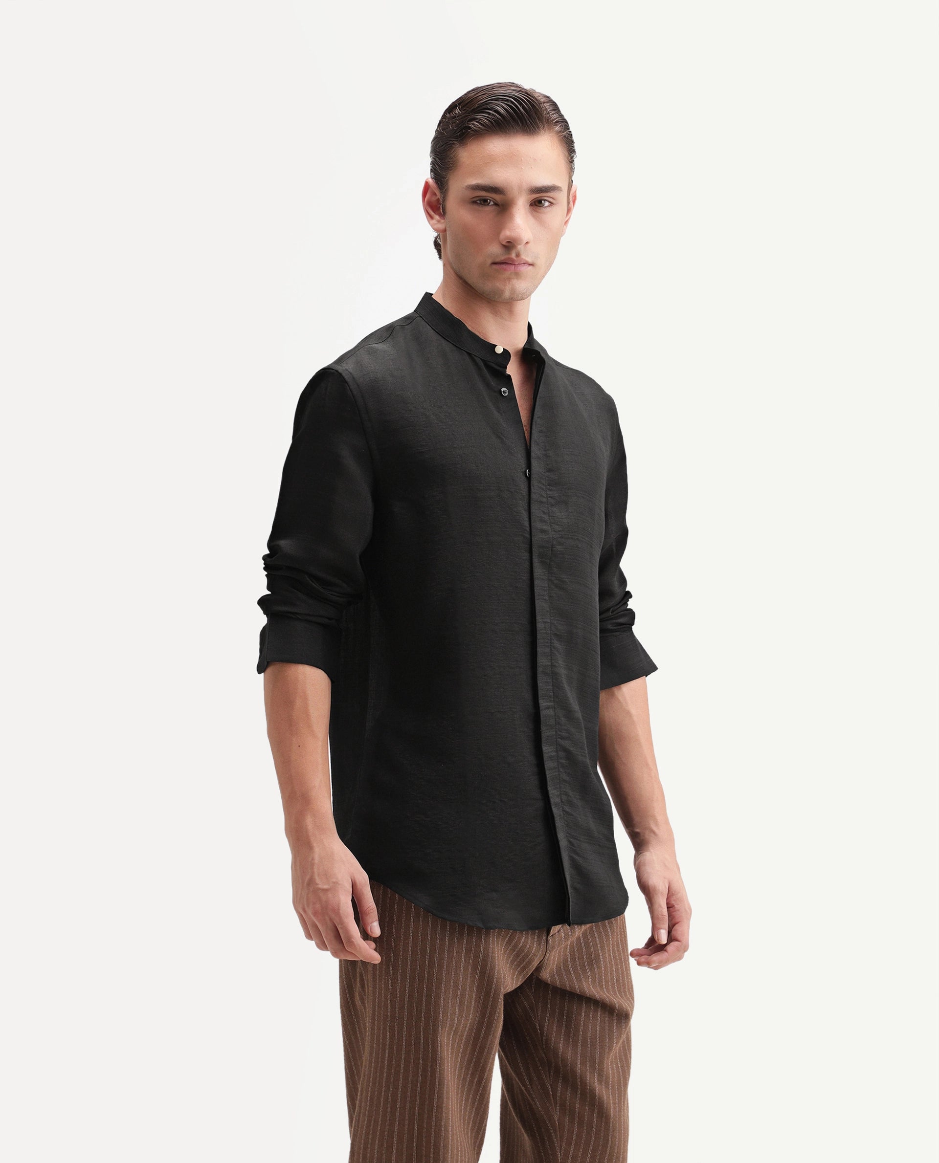 Rare Rabbit Men's Kent C Primary Black Viscose Blend Mandarin Collar Button Regular Plain Shirt