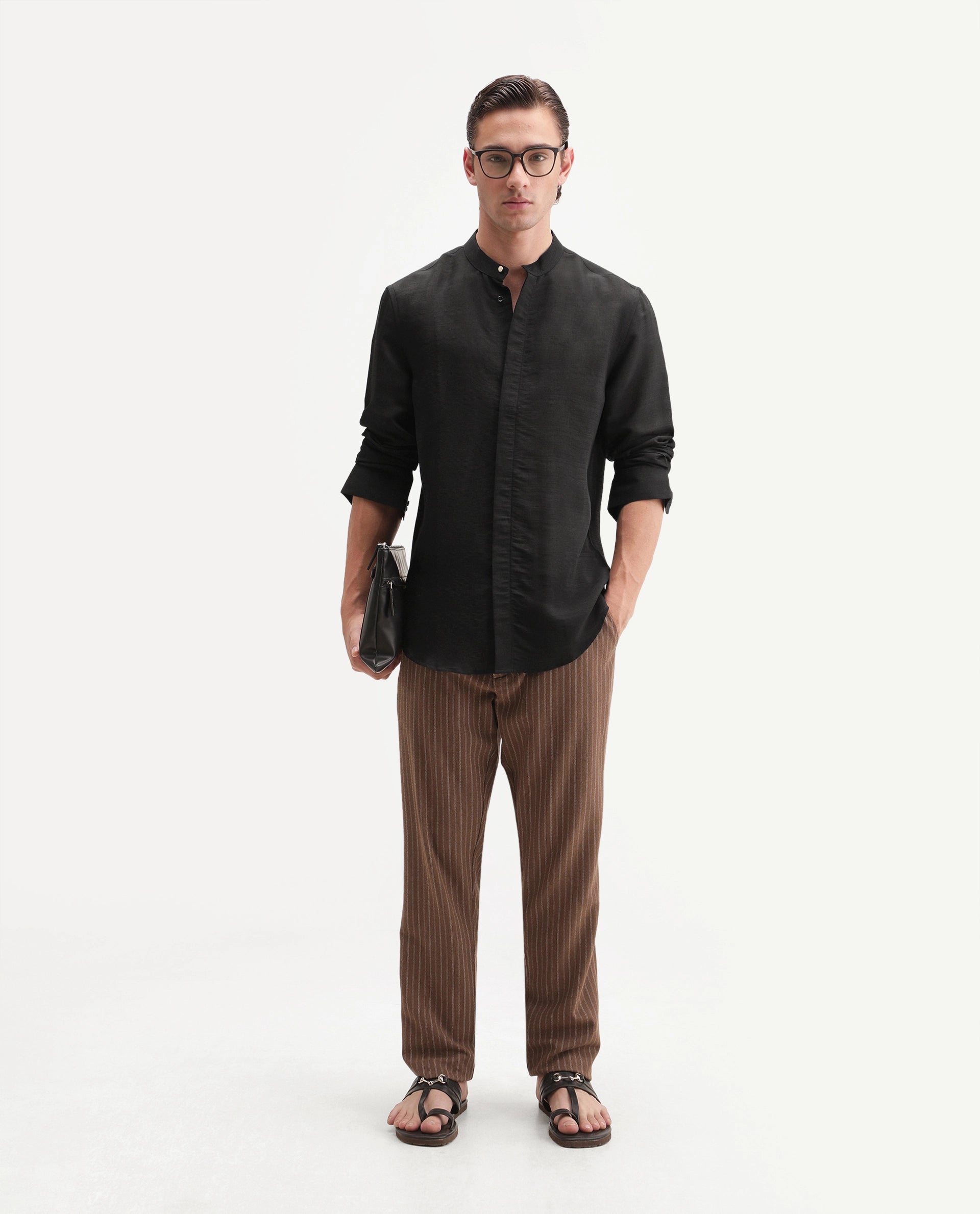Rare Rabbit Men's Kent C Primary Black Viscose Blend Mandarin Collar Button Regular Plain Shirt