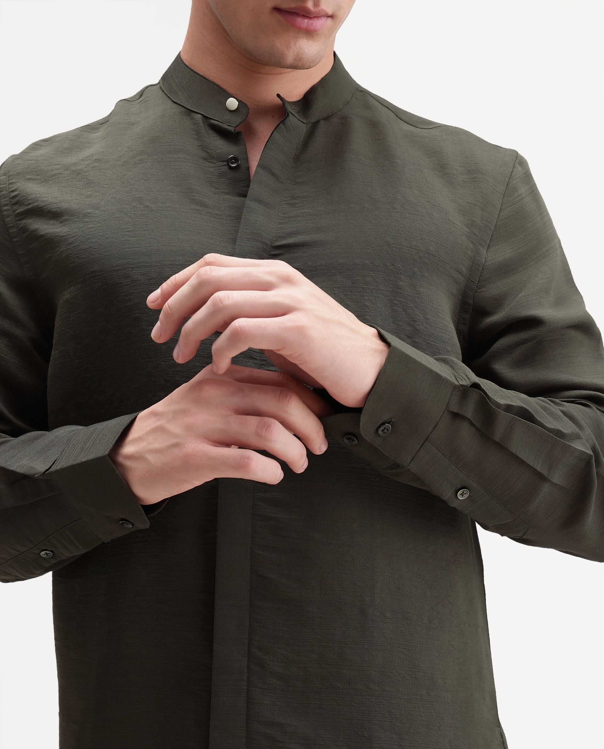 Rare Rabbit Men's Kent C Primary Olive Viscose Blend Mandarin Collar Button Regular Plain Shirt