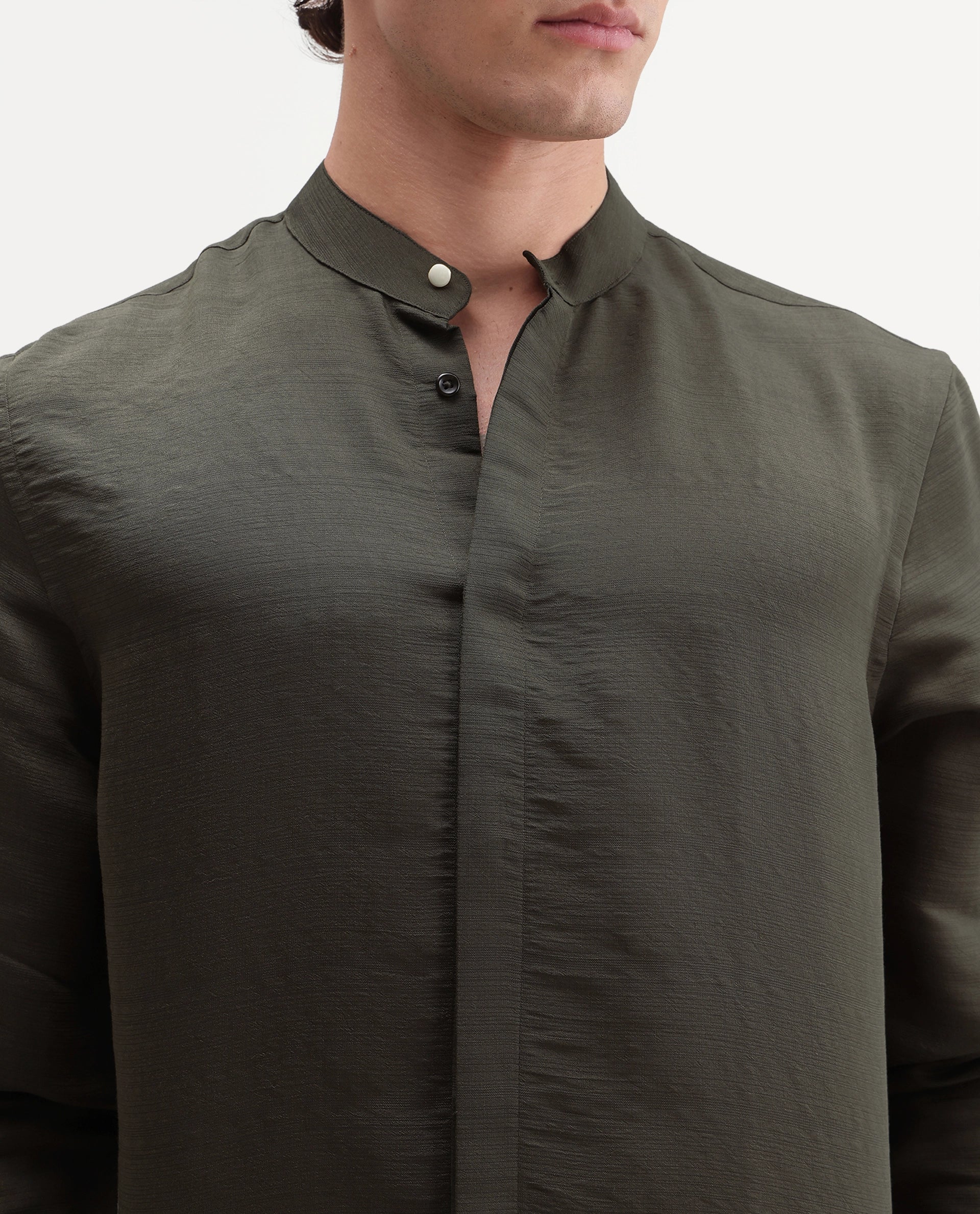 Rare Rabbit Men's Kent C Primary Olive Viscose Blend Mandarin Collar Button Regular Plain Shirt