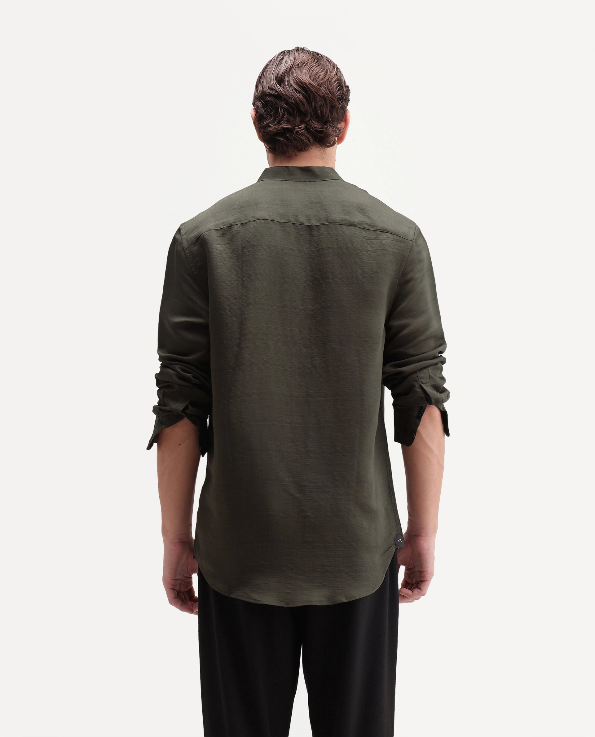 Rare Rabbit Men's Kent C Primary Olive Viscose Blend Mandarin Collar Button Regular Plain Shirt