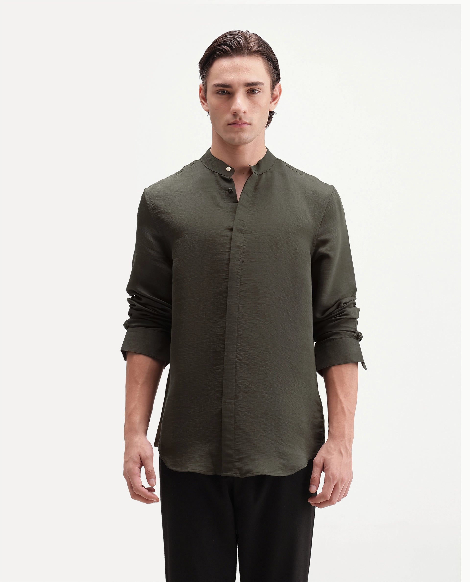 Rare Rabbit Men's Kent C Primary Olive Viscose Blend Mandarin Collar Button Regular Plain Shirt