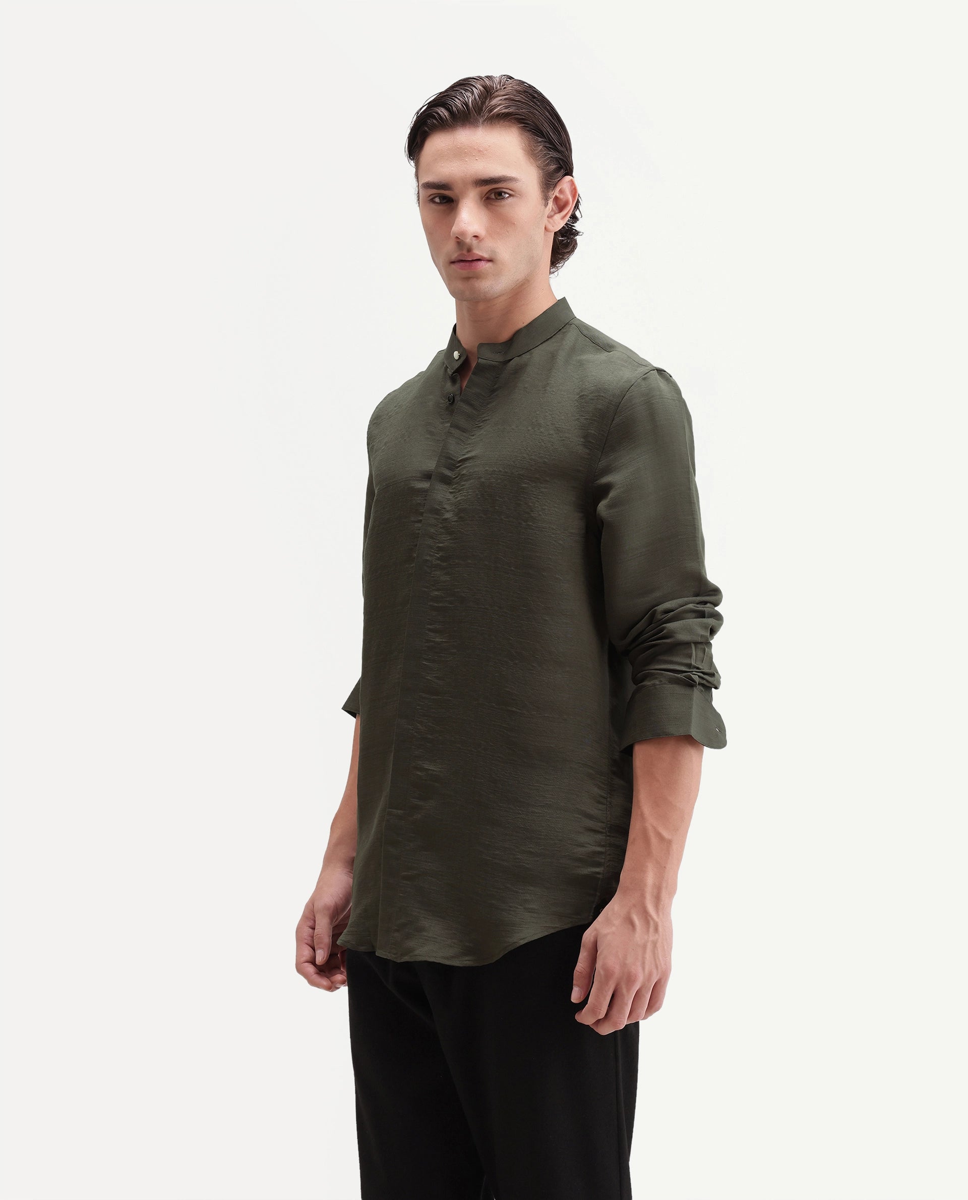 Rare Rabbit Men's Kent C Primary Olive Viscose Blend Mandarin Collar Button Regular Plain Shirt