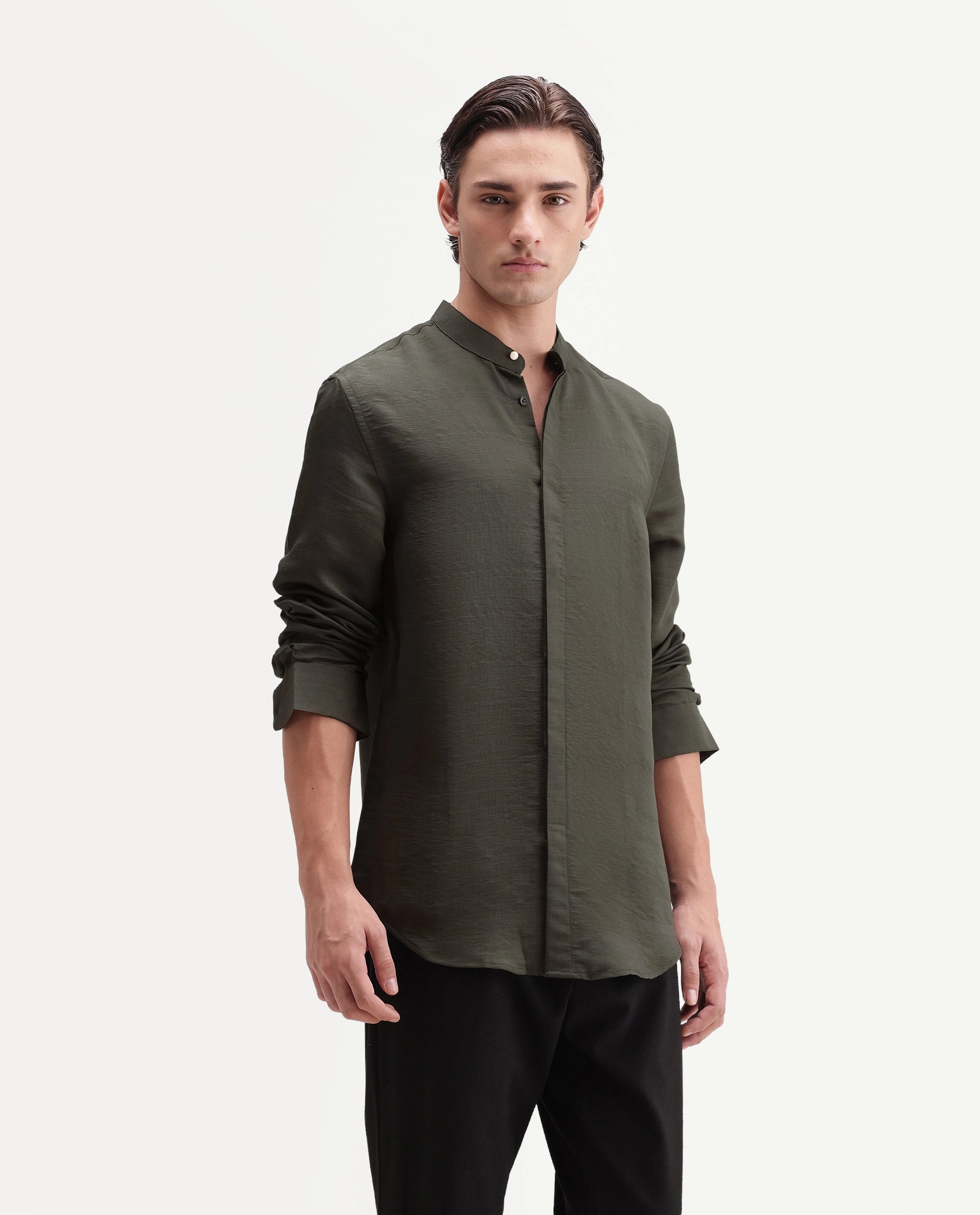 Rare Rabbit Men's Kent C Primary Olive Viscose Blend Mandarin Collar Button Regular Plain Shirt