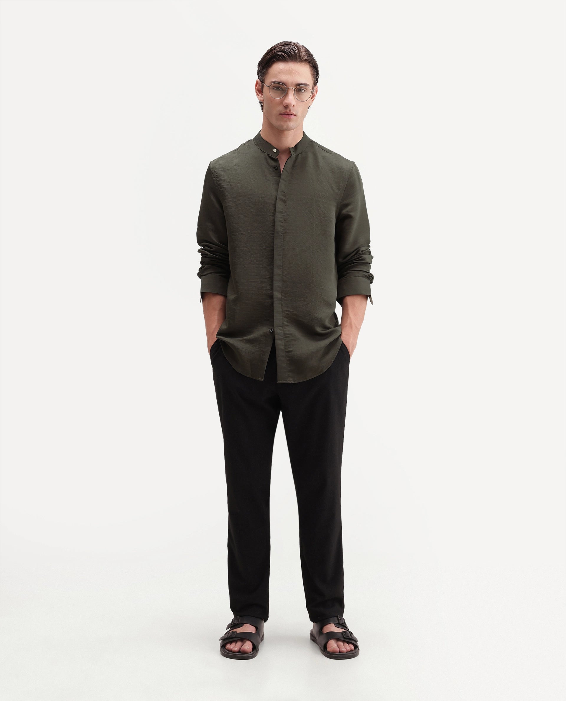 Rare Rabbit Men's Kent C Primary Olive Viscose Blend Mandarin Collar Button Regular Plain Shirt