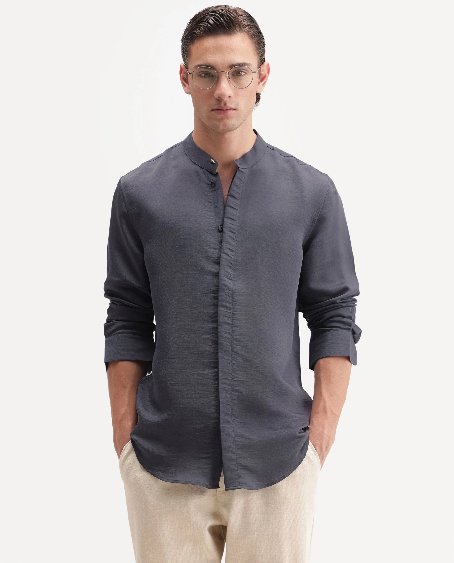 Rare Rabbit Men's Kent C Primary Purple Viscose Blend Mandarin Collar Button Regular Plain Shirt
