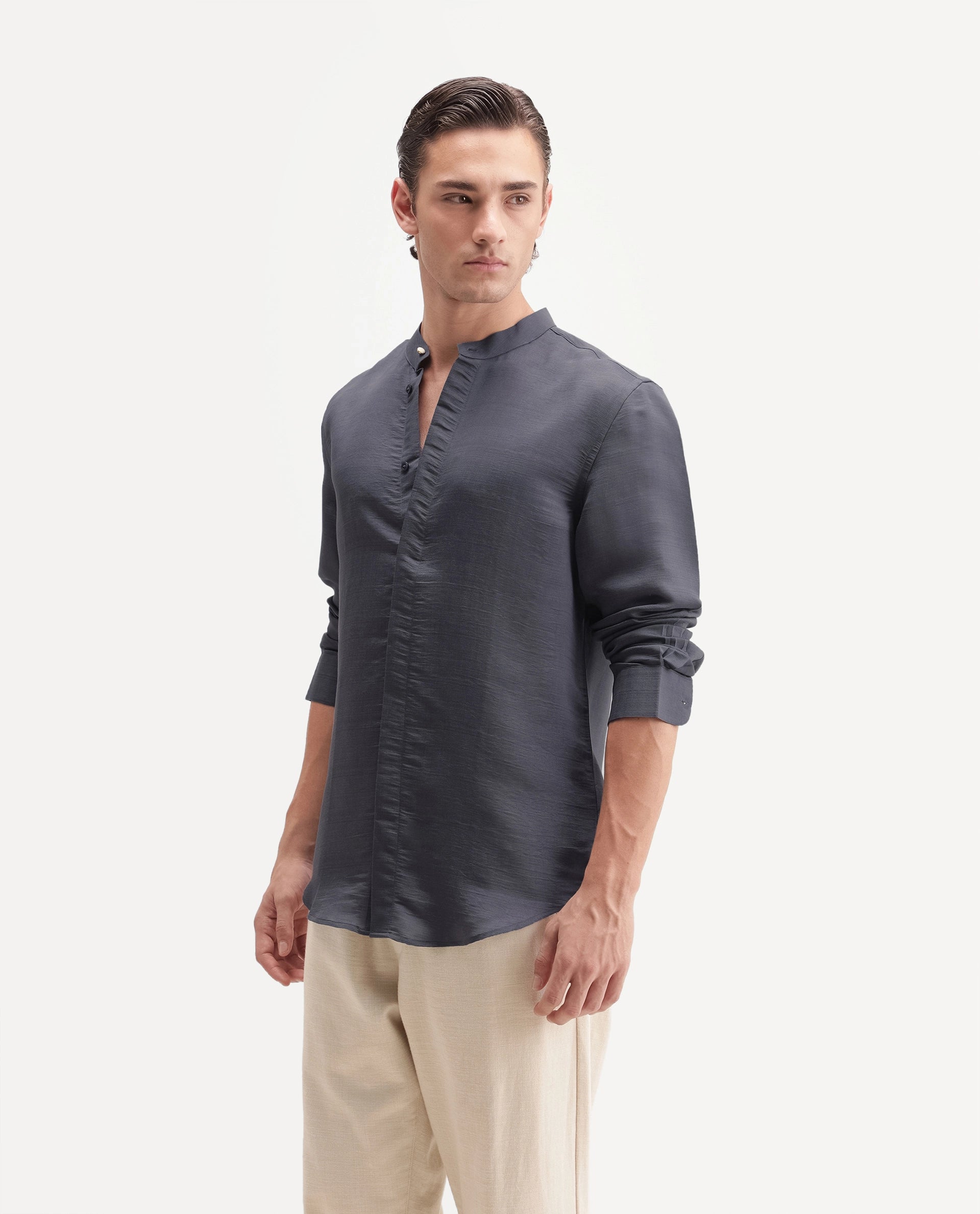 Rare Rabbit Men's Kent C Primary Purple Viscose Blend Mandarin Collar Button Regular Plain Shirt