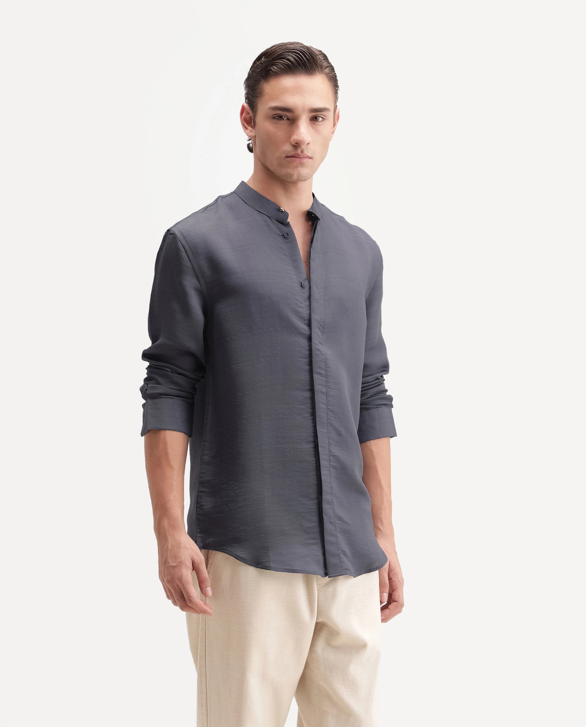 Rare Rabbit Men's Kent C Primary Purple Viscose Blend Mandarin Collar Button Regular Plain Shirt
