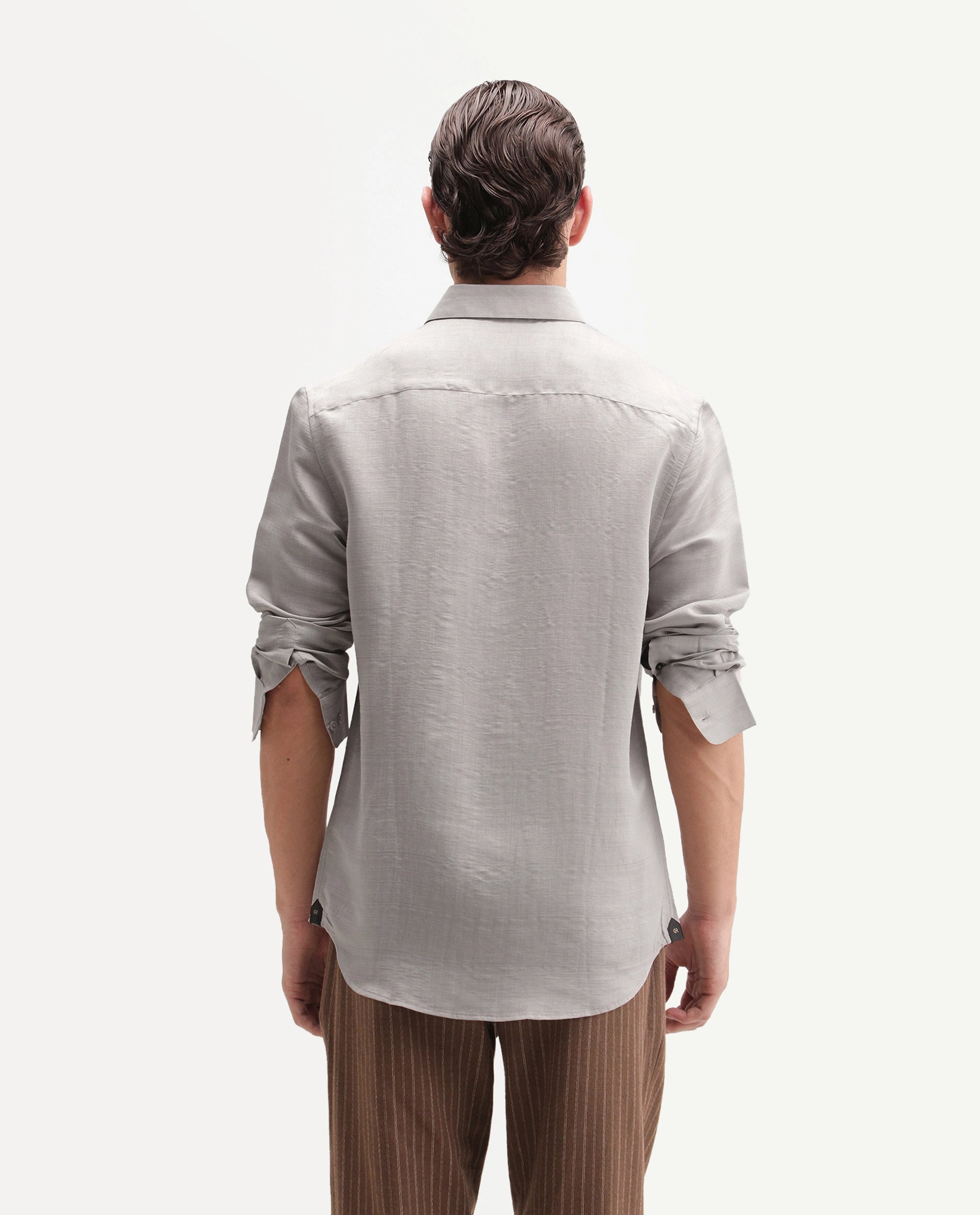 Rare Rabbit Men's Kent R Primary Grey Viscose Blend Spread Collar Button Regular Plain Shirt