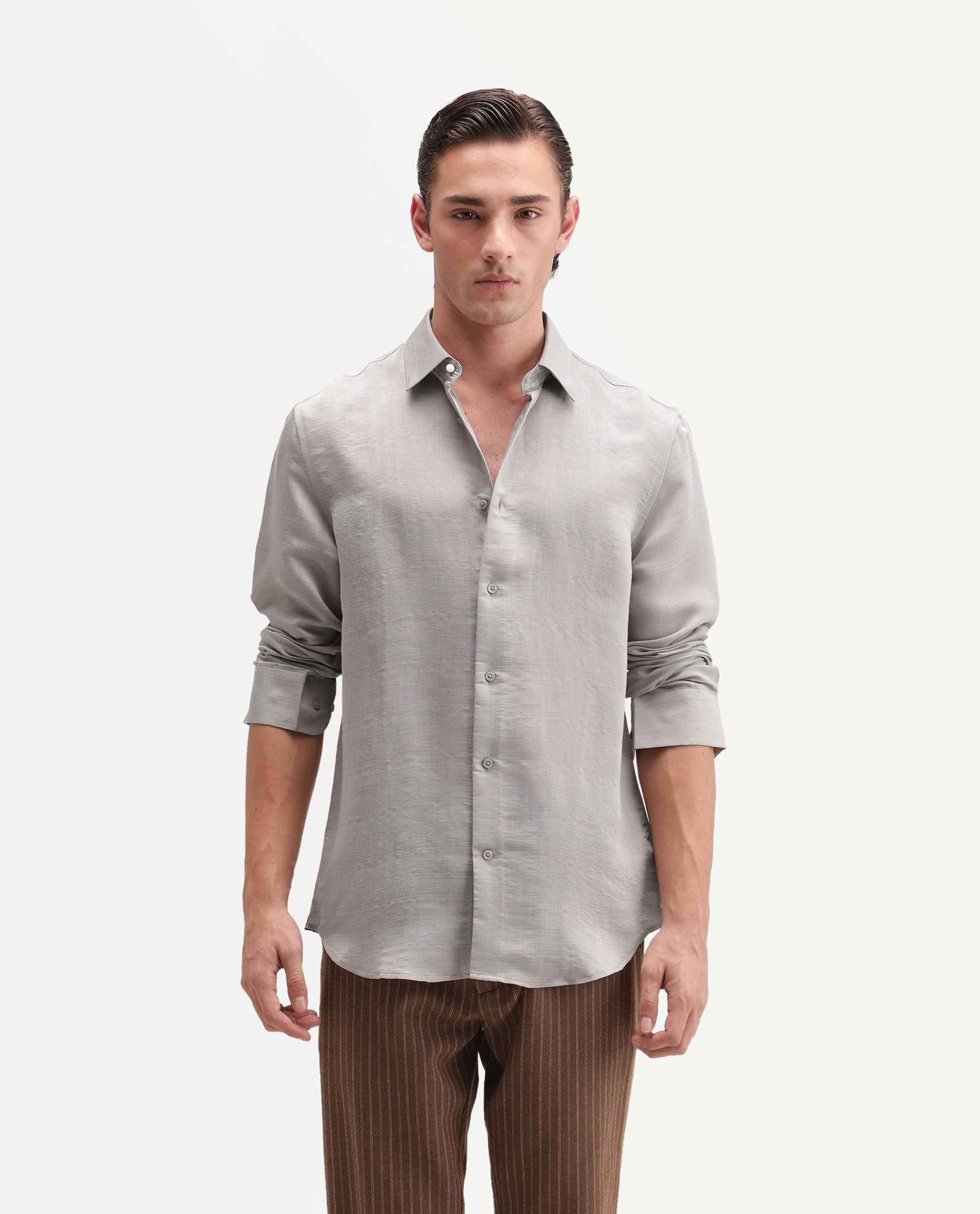 Rare Rabbit Men's Kent R Primary Grey Viscose Blend Spread Collar Button Regular Plain Shirt