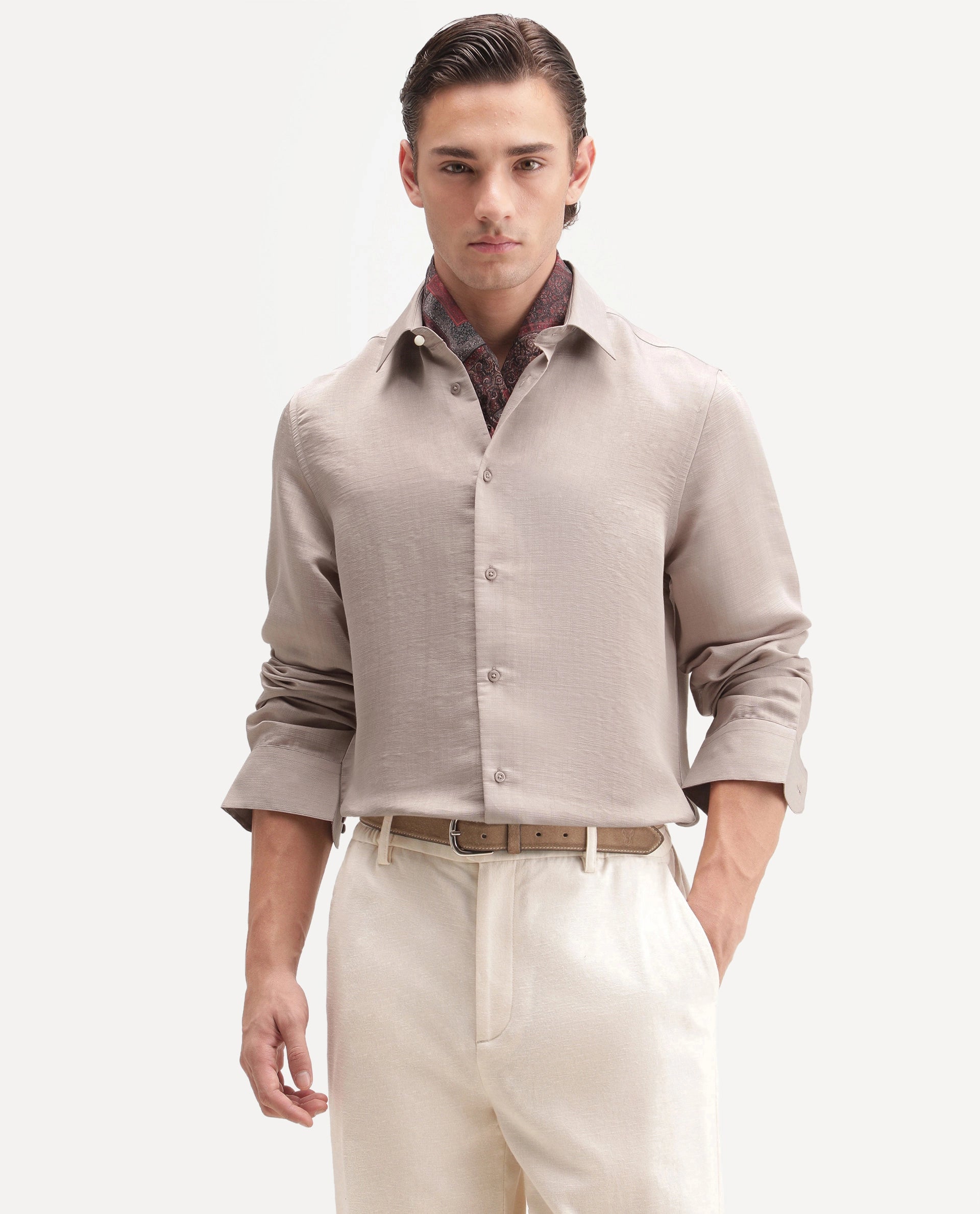 Rare Rabbit Men's Kent R Light Peach Viscose Blend Spread Collar Button Regular Plain Shirt