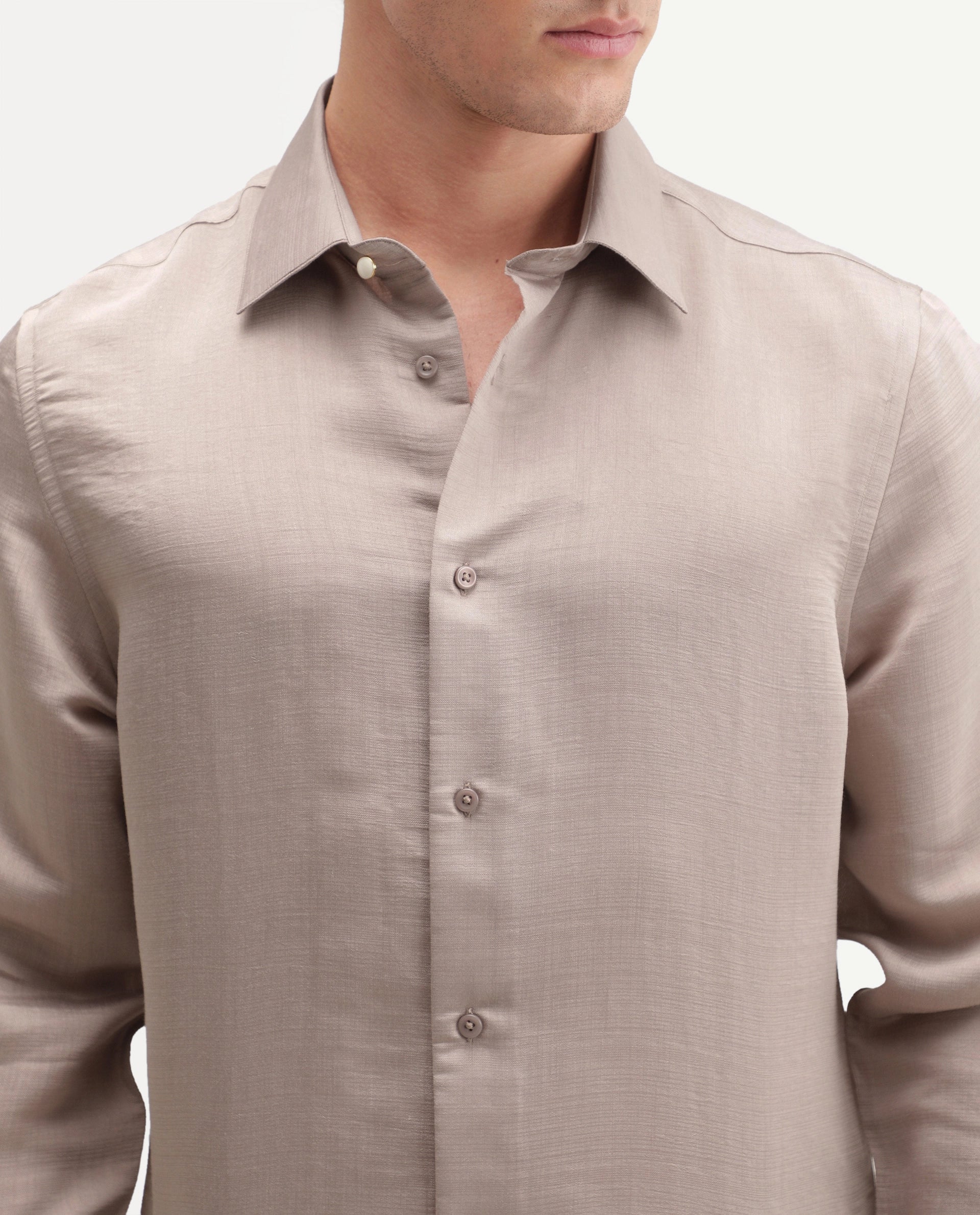 Rare Rabbit Men's Kent R Light Peach Viscose Blend Spread Collar Button Regular Plain Shirt