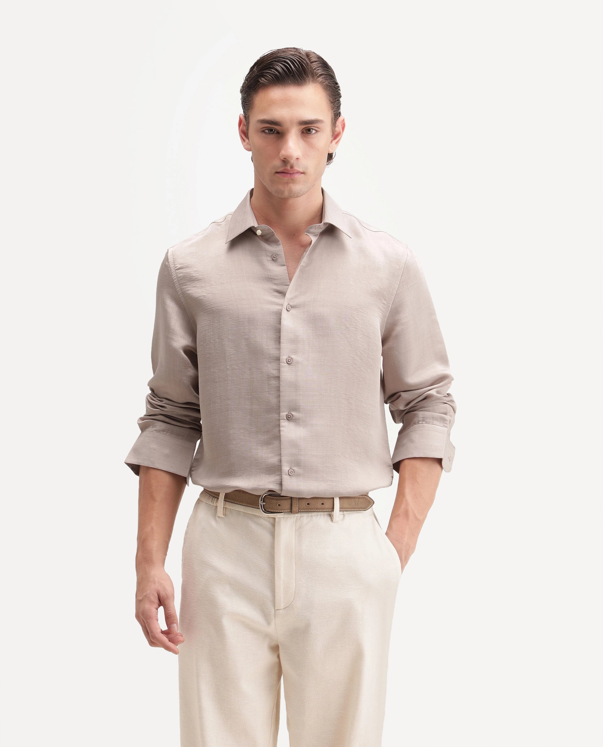 Rare Rabbit Men's Kent R Light Peach Viscose Blend Spread Collar Button Regular Plain Shirt