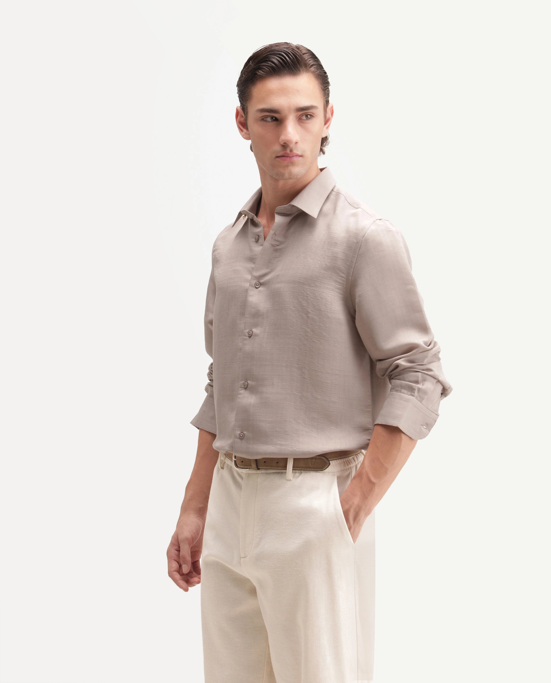 Rare Rabbit Men's Kent R Light Peach Viscose Blend Spread Collar Button Regular Plain Shirt
