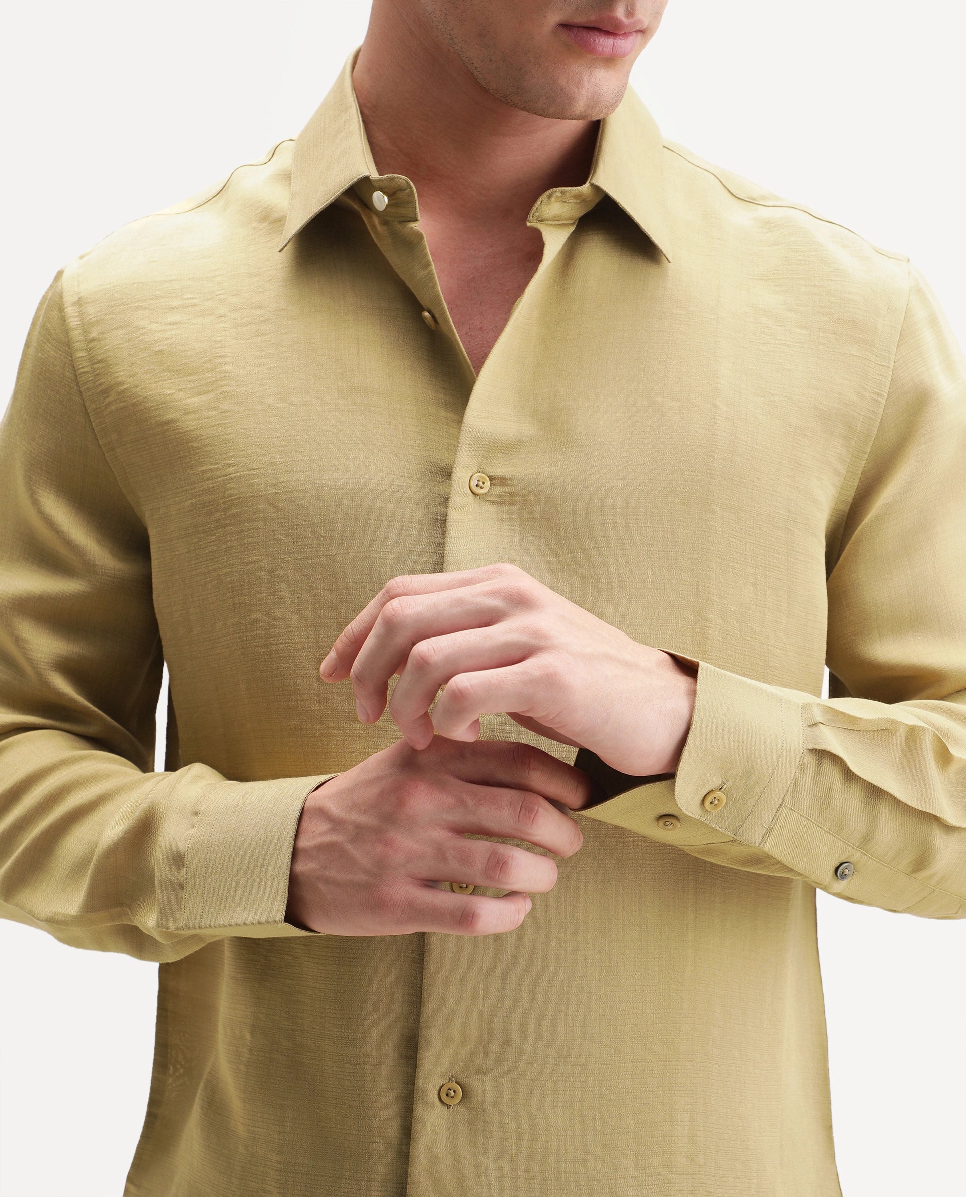 Rare Rabbit Men's Kent R Dusky Mustard Viscose Blend Spread Collar Button Regular Plain Shirt