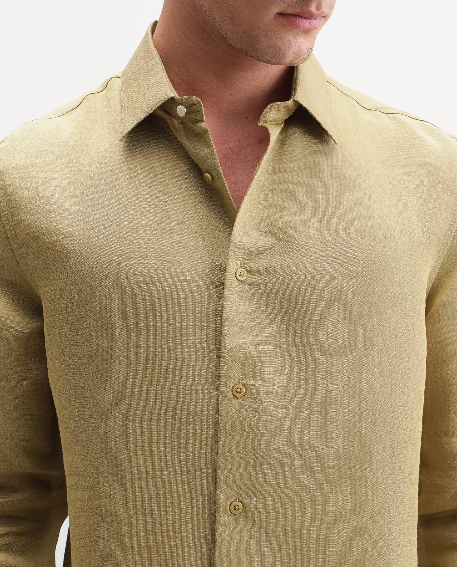 Rare Rabbit Men's Kent R Dusky Mustard Viscose Blend Spread Collar Button Regular Plain Shirt