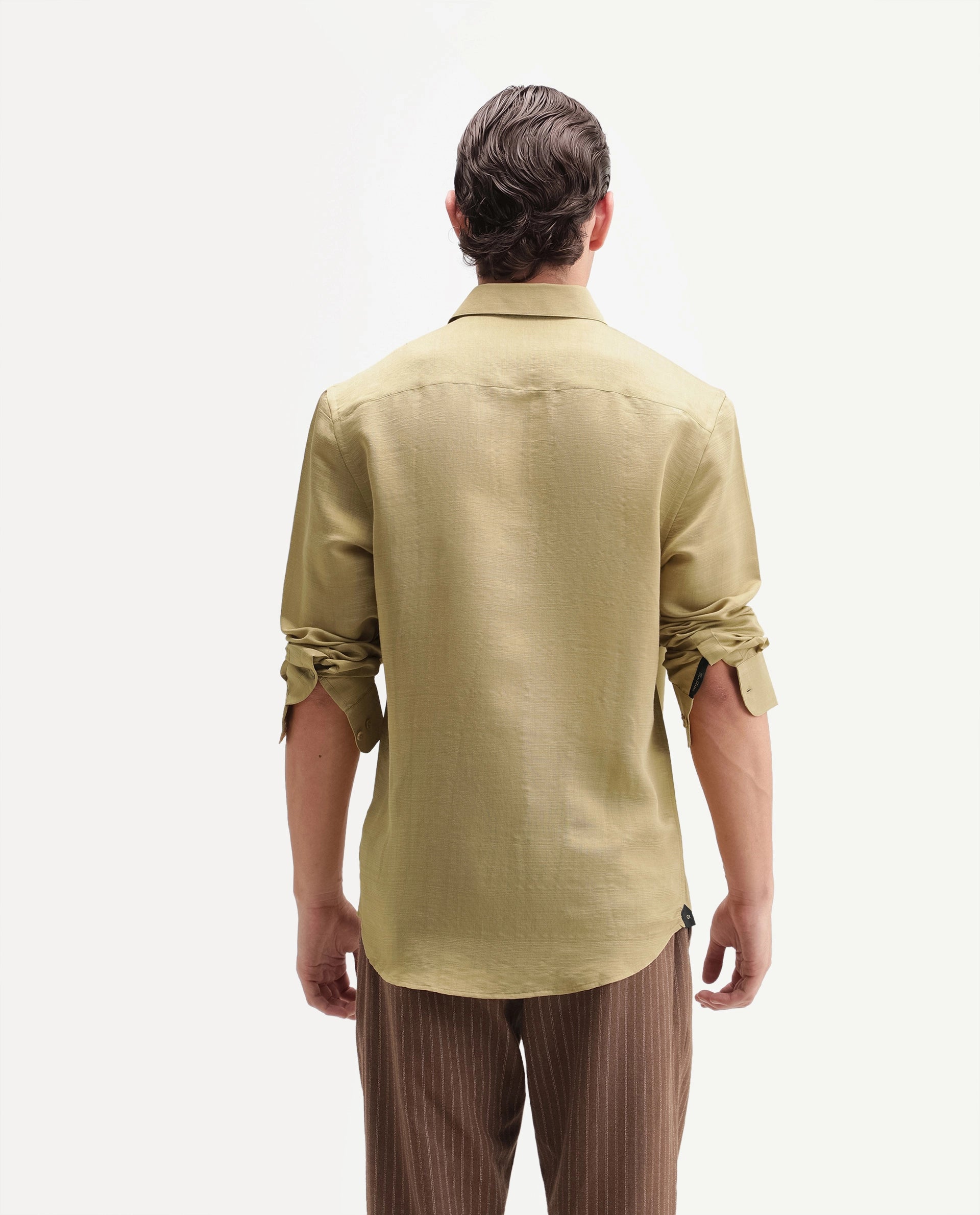 Rare Rabbit Men's Kent R Dusky Mustard Viscose Blend Spread Collar Button Regular Plain Shirt