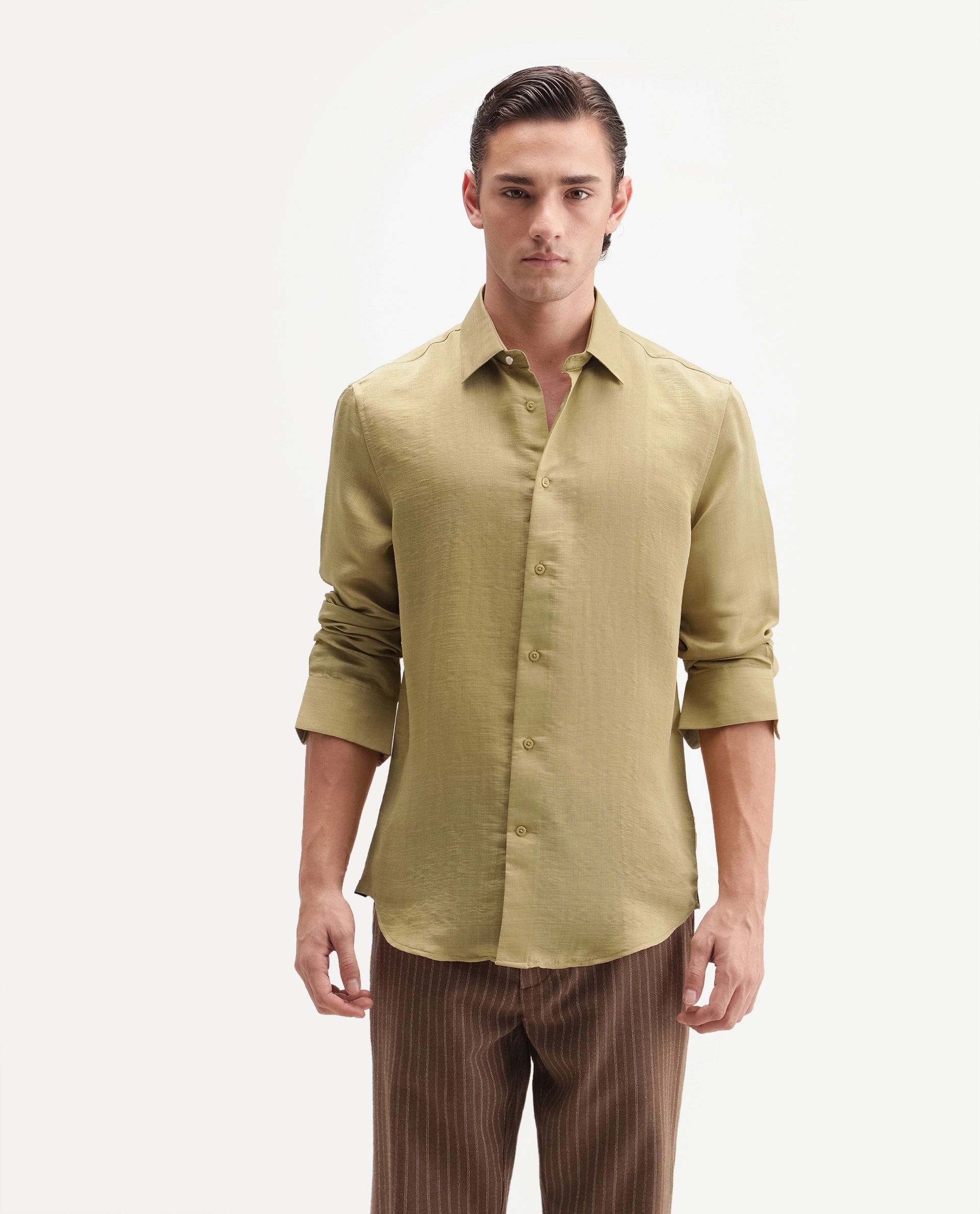 Rare Rabbit Men's Kent R Dusky Mustard Viscose Blend Spread Collar Button Regular Plain Shirt