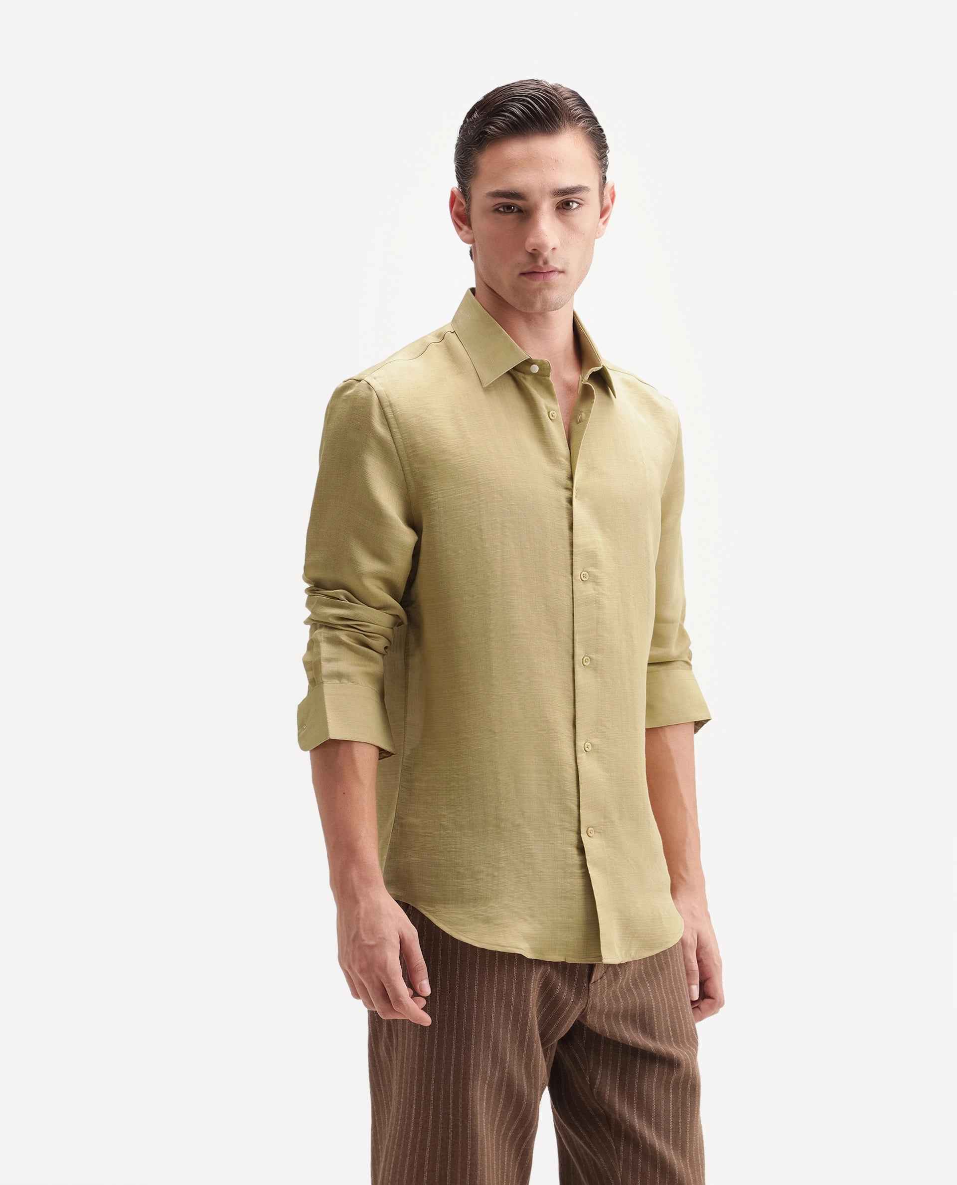 Rare Rabbit Men's Kent R Dusky Mustard Viscose Blend Spread Collar Button Regular Plain Shirt