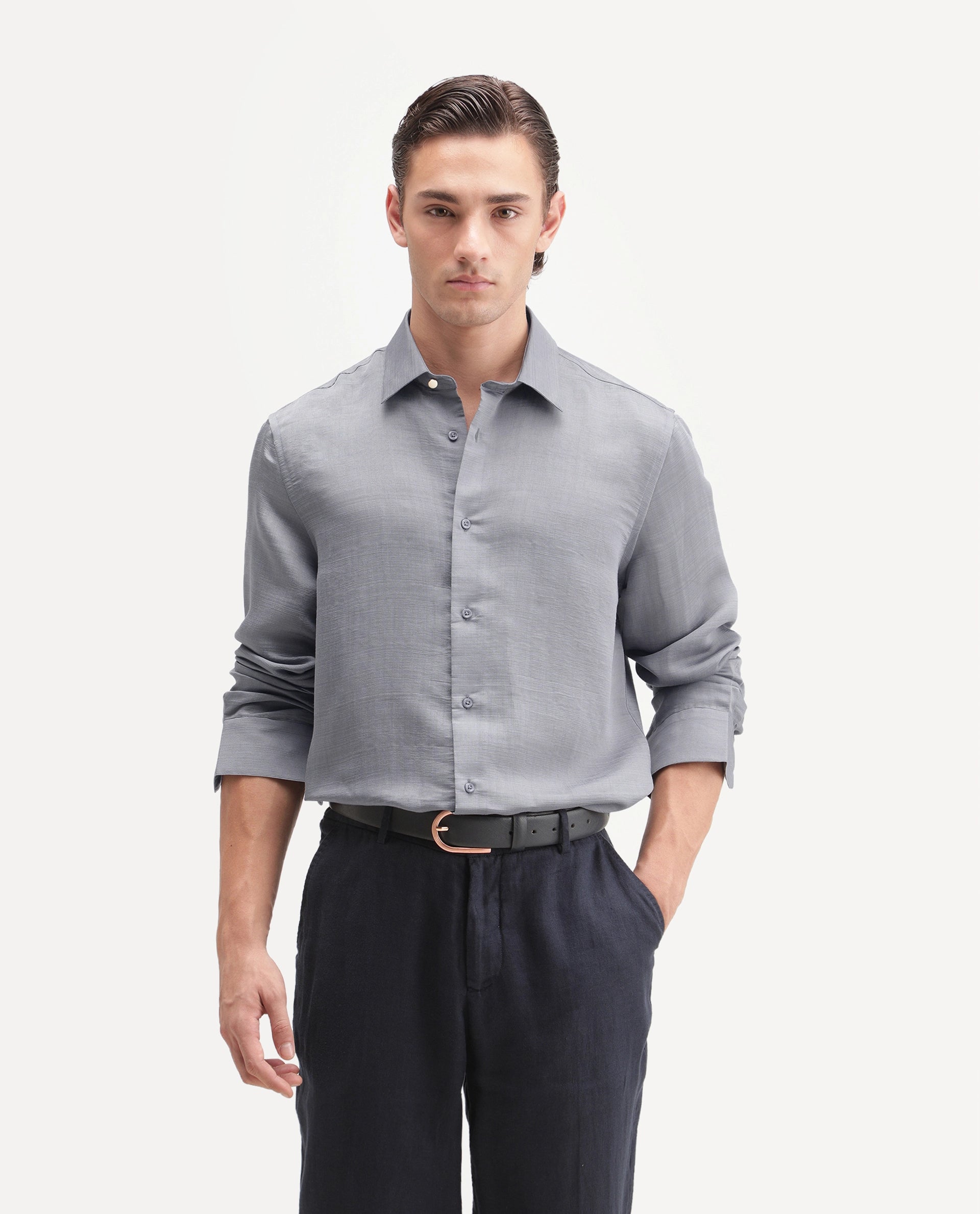 Rare Rabbit Men's Kent R Dusky Purple Viscose Blend Spread Collar Button Regular Plain Shirt