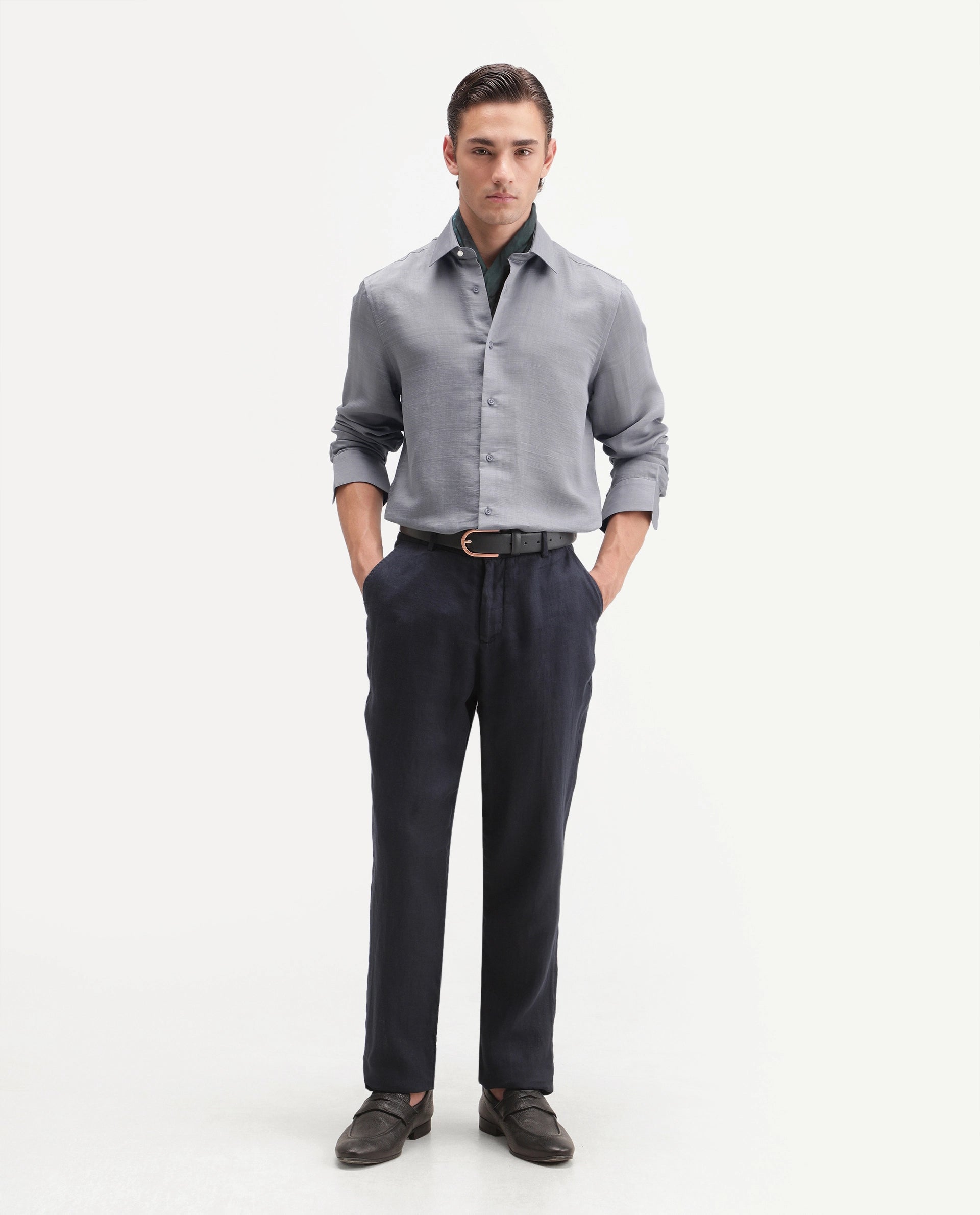 Rare Rabbit Men's Kent R Dusky Purple Viscose Blend Spread Collar Button Regular Plain Shirt