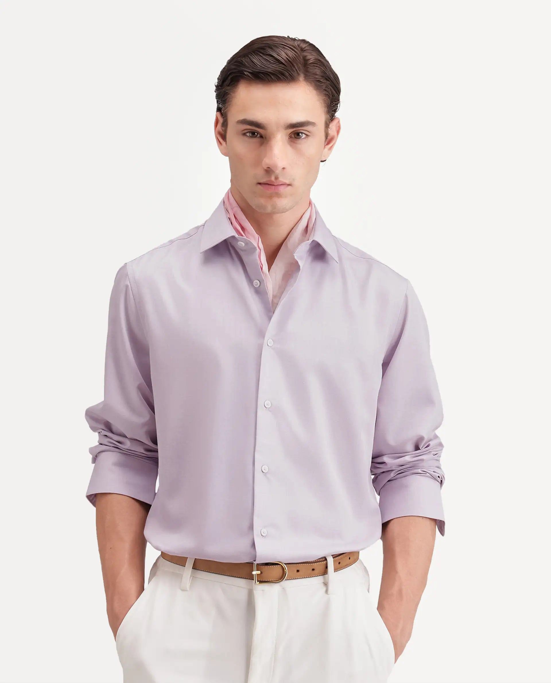 Rare Rabbit Men's Pine Primary Pink Bomboo Blend Spread Collar Button Regular Plain Shirt