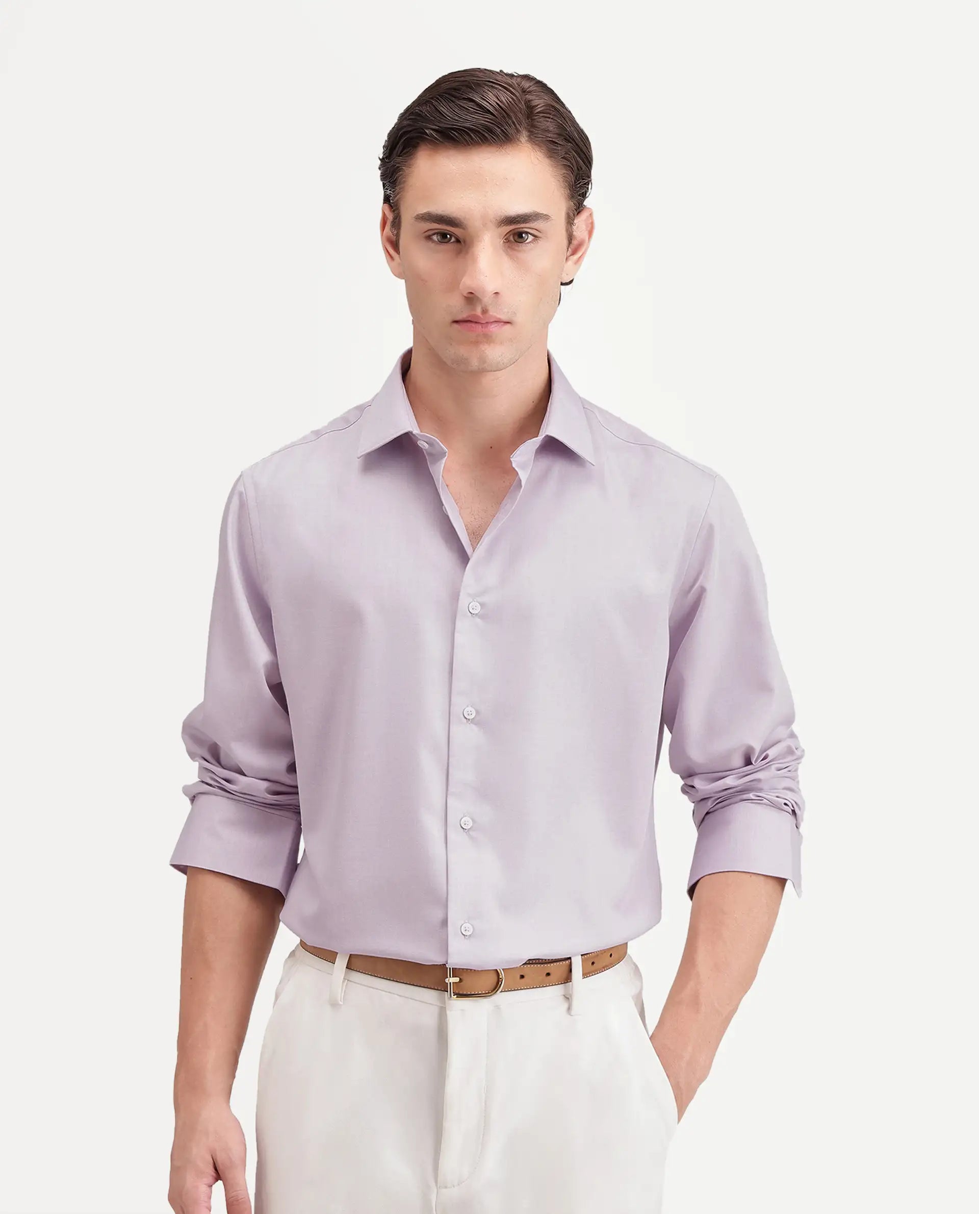 Rare Rabbit Men's Pine Primary Pink Bomboo Blend Spread Collar Button Regular Plain Shirt