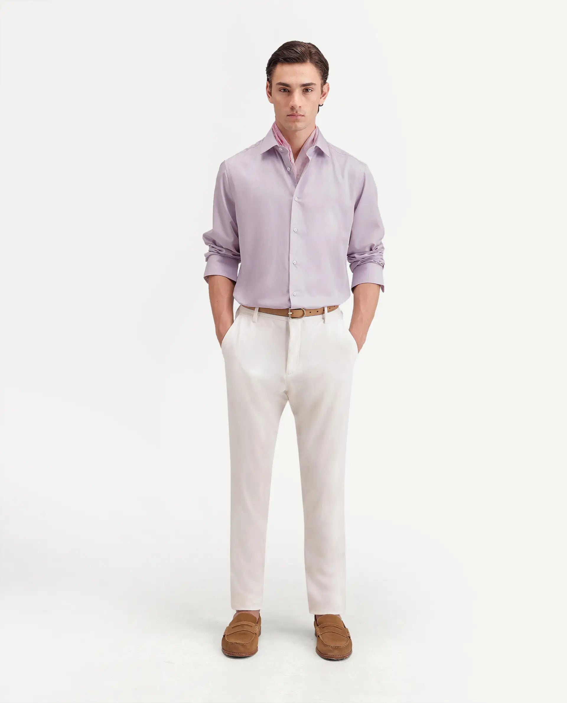 Rare Rabbit Men's Pine Primary Pink Bomboo Blend Spread Collar Button Regular Plain Shirt