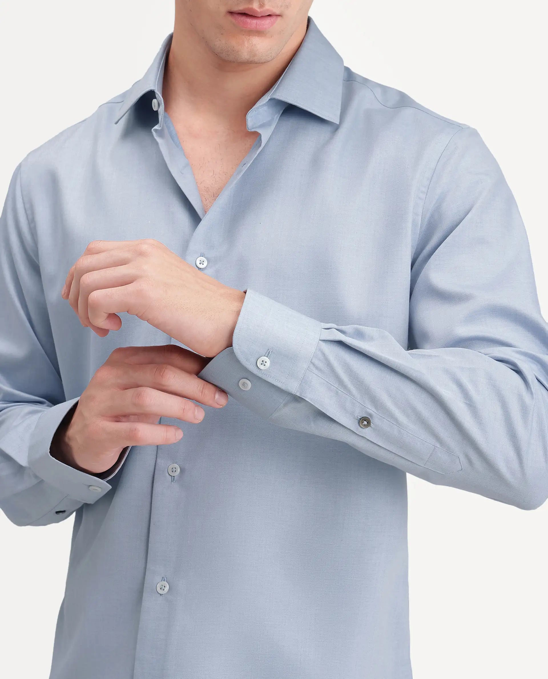 Rare Rabbit Men's Pine Primary Blue Bomboo Blend Spread Collar Button Regular Plain Shirt